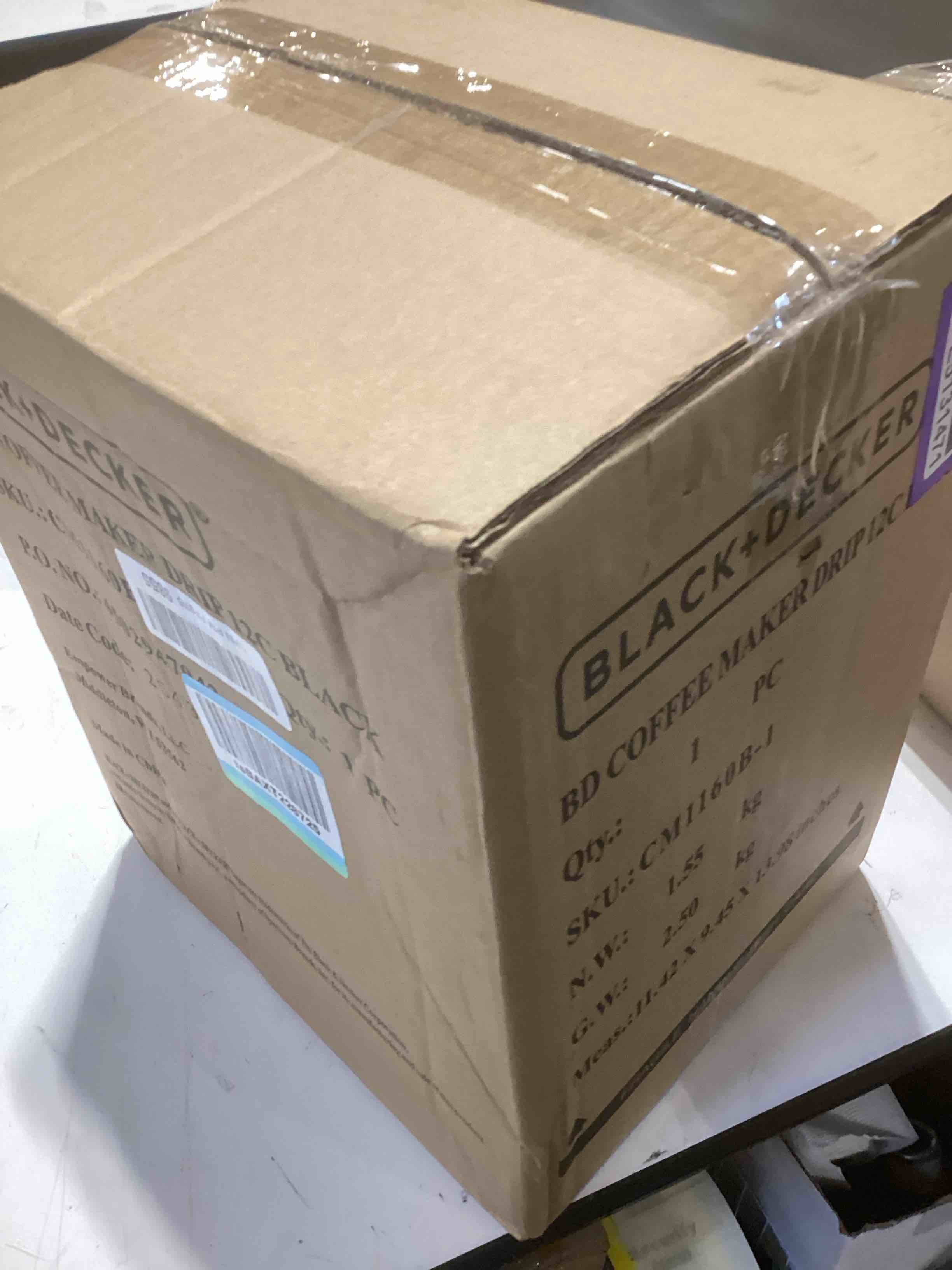 Condition photo showing As Is for black+decker 12-cup digital coffee maker, programmable, washable basket filter, sneak-a-cup, auto brew, water window, keep hot plate, black