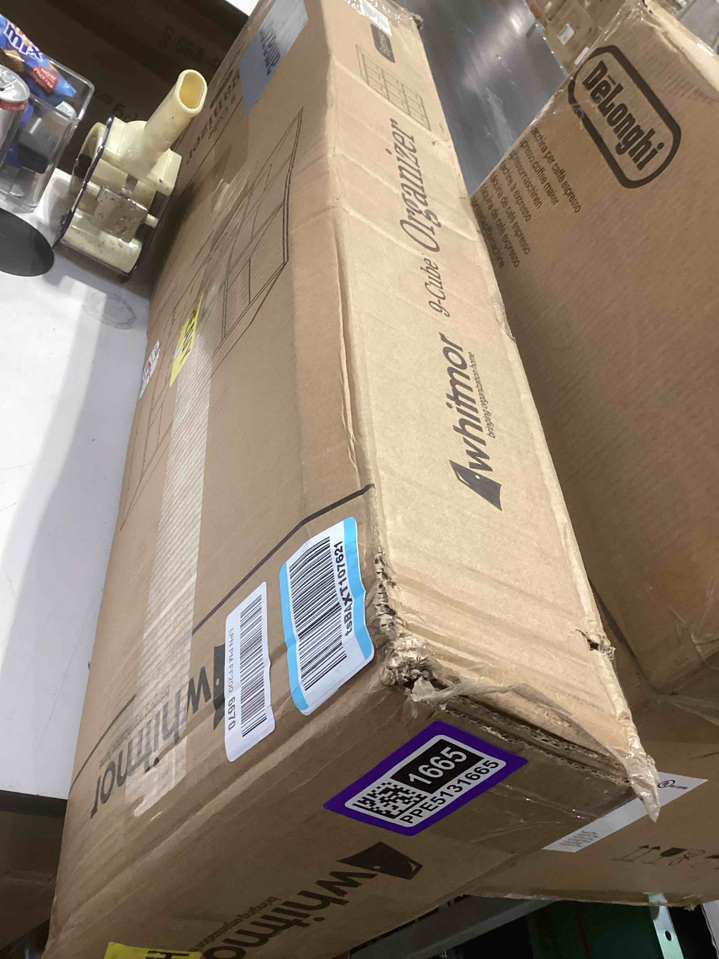 Condition photo showing As Is for whitmor 9 cube storage organizer, 3 tier stackable mdf wood bookcase, open storage display bookshelf, storage cabinet for living room, bedroom, home, office, 35.5"l x 11.7"w x 35.5"h, espresso espresso 9 cube