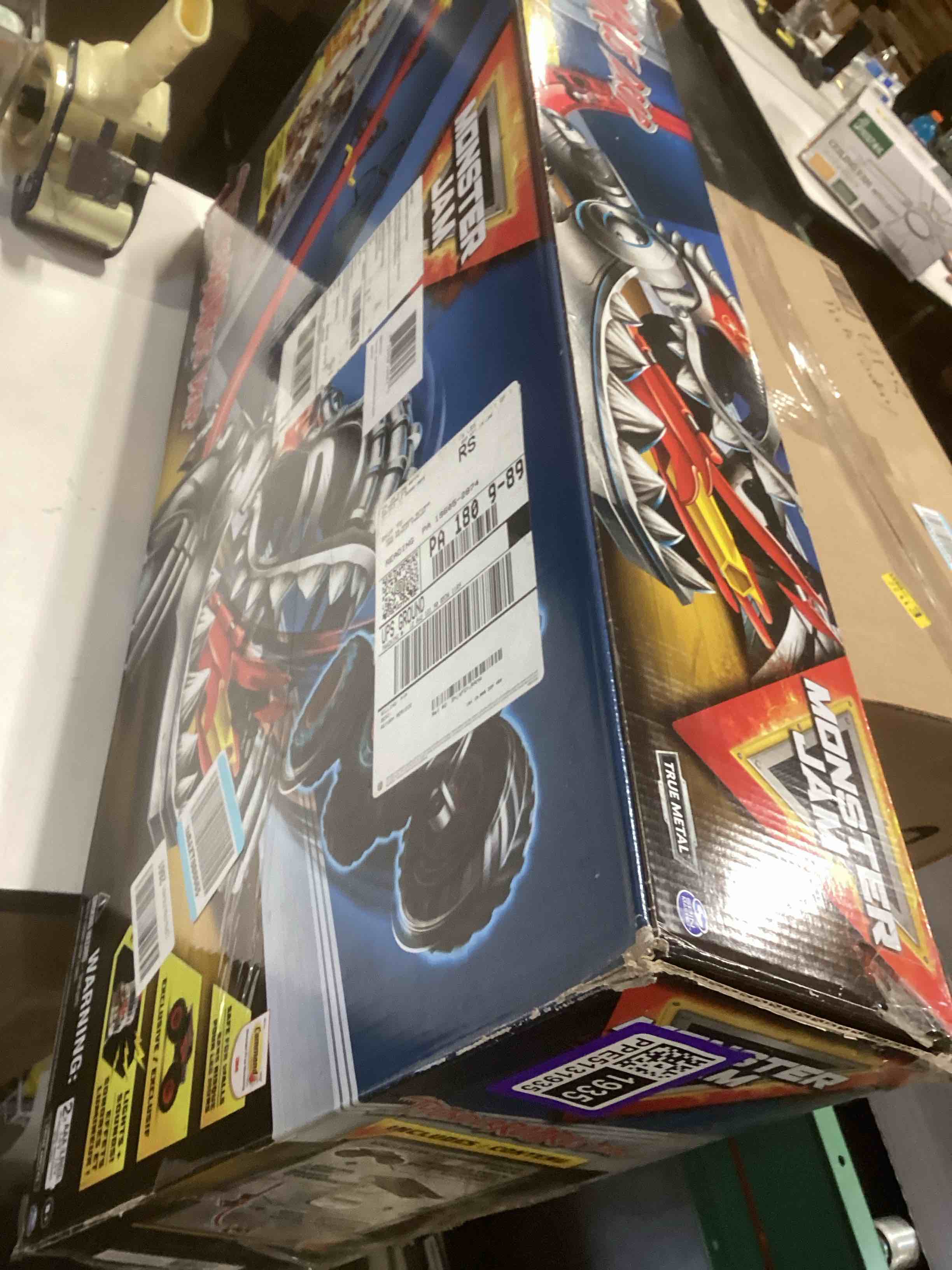 Condition photo showing As Is for monster jam thunderroarus drop playset with exclusive monster truck, over 6 feet tall, lights & sounds, kids dinosaur toys for boys and girls ages 4 and up
