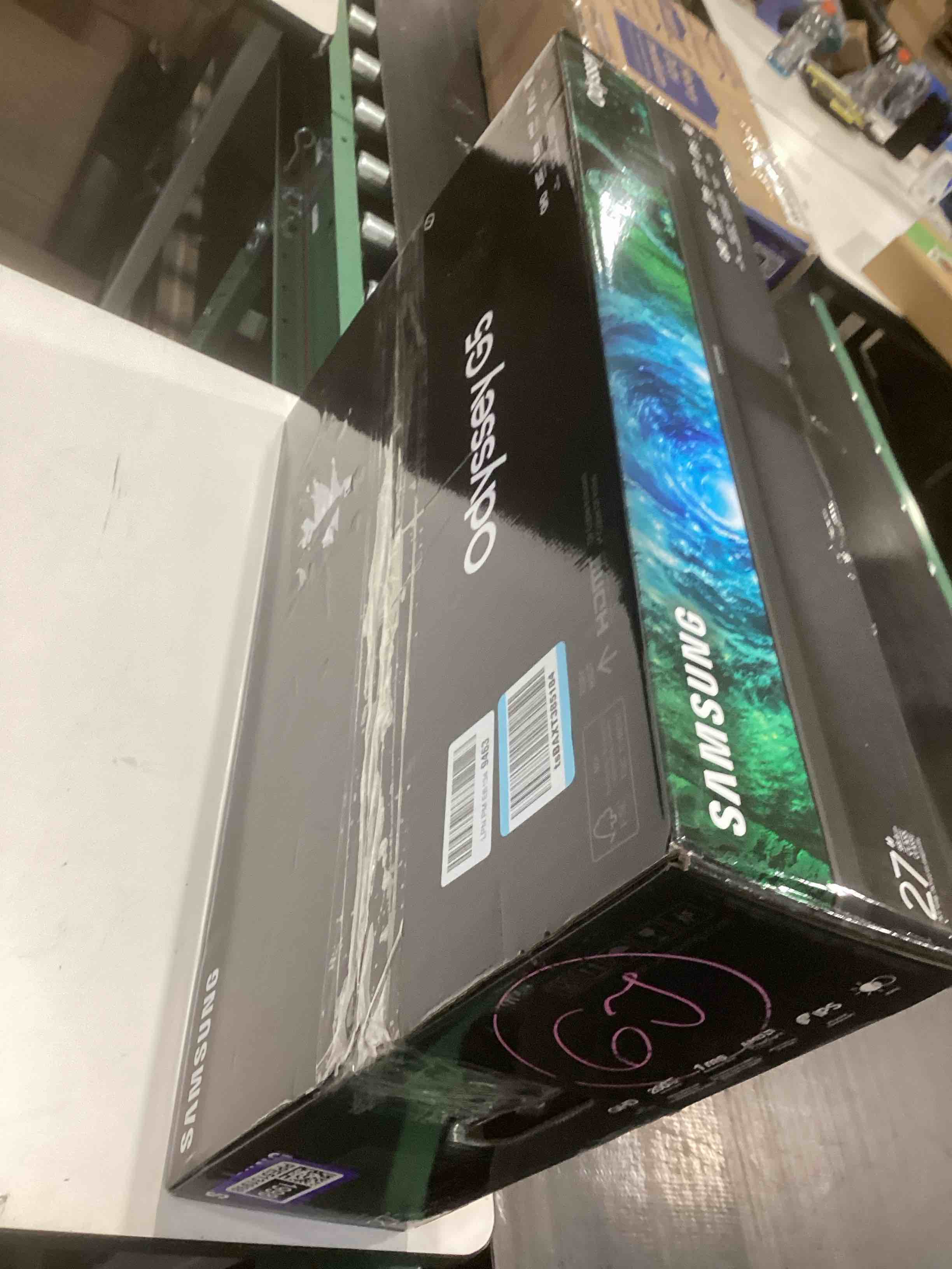 Condition photo showing As Is for samsung 27” odyssey g5 g53f qhd resolution gaming monitor, hdr10, 200hz refresh rate, ips panel, amd freesync™ premium, black equalizer, auto source switch, ls27fg53denxza
