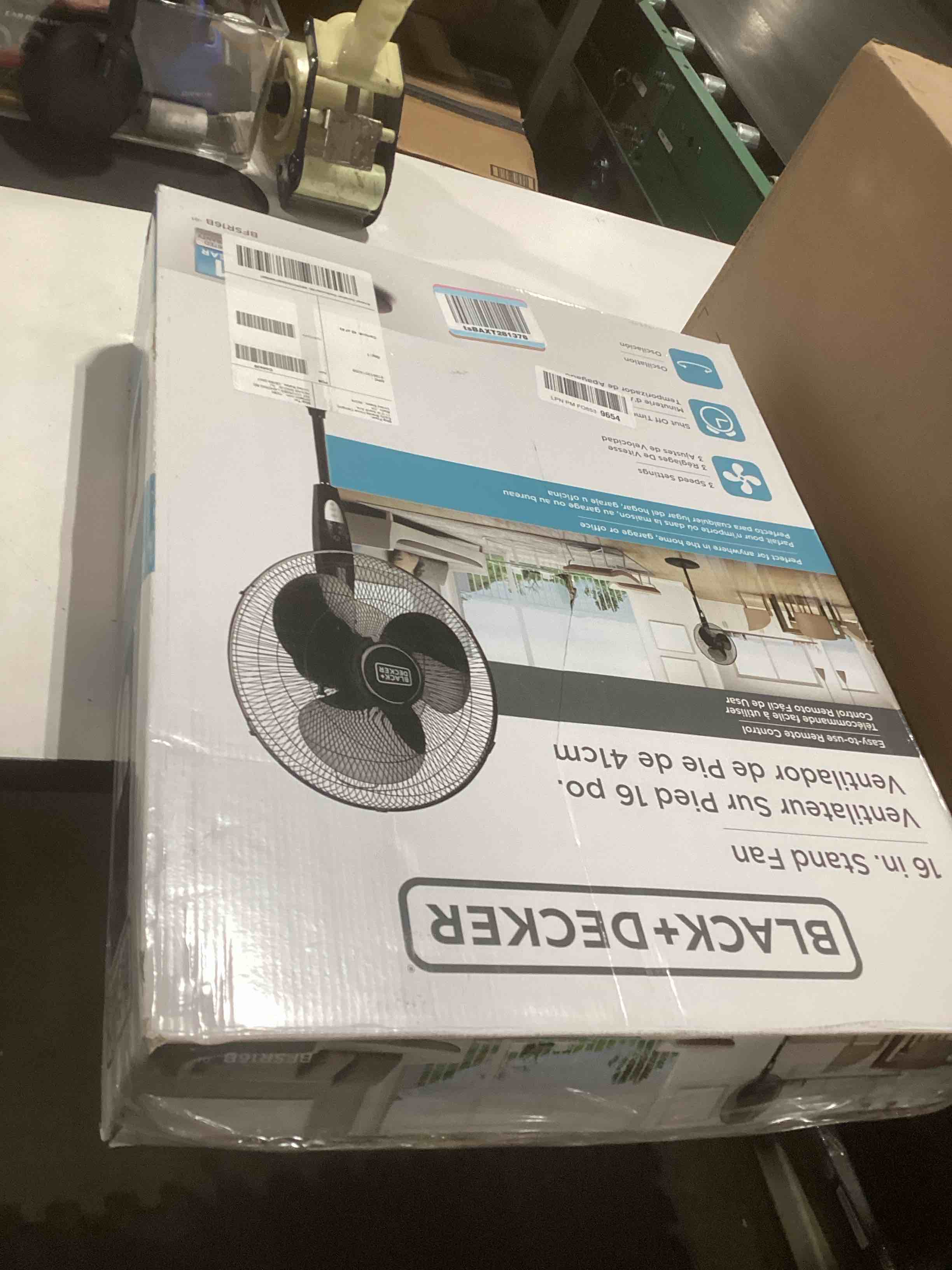 Condition photo showing As Is for black+decker 16 inches stand fan with pedestal base, height adjustable pedestal fan with remote and touch control panel, free standing fan with 90-degree oscillating and 3-speed settings, black