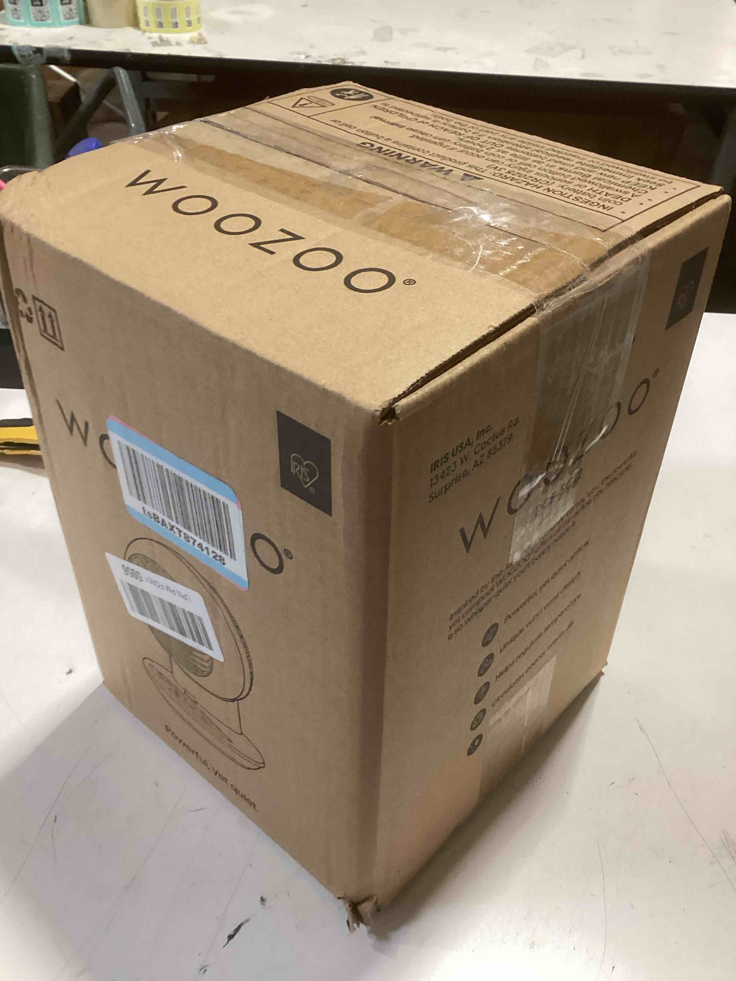 Condition photo showing As Is for iris usa woozoo air circulator fan with remote, oscillation, 3 speeds, 52ft max air distance, adjustable tilt, quiet motor, small fan for bedroom, office, dorm, white
