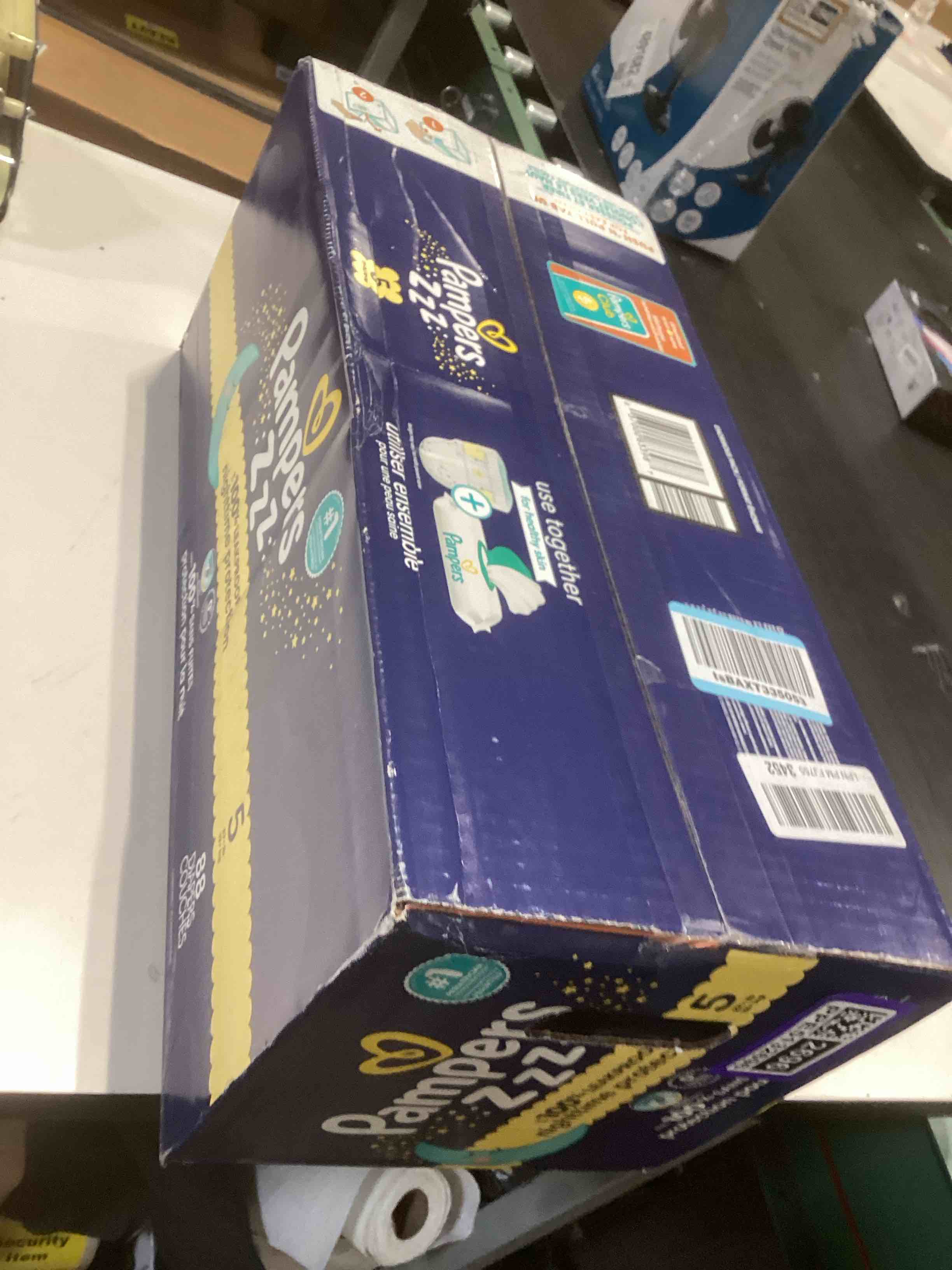 Condition photo showing New/Like New for pampers zzz overnight diapers, size 5 (27+ lbs), 88 count, nighttime protection disposable baby diaper, night time leak and skin protection size 5 88