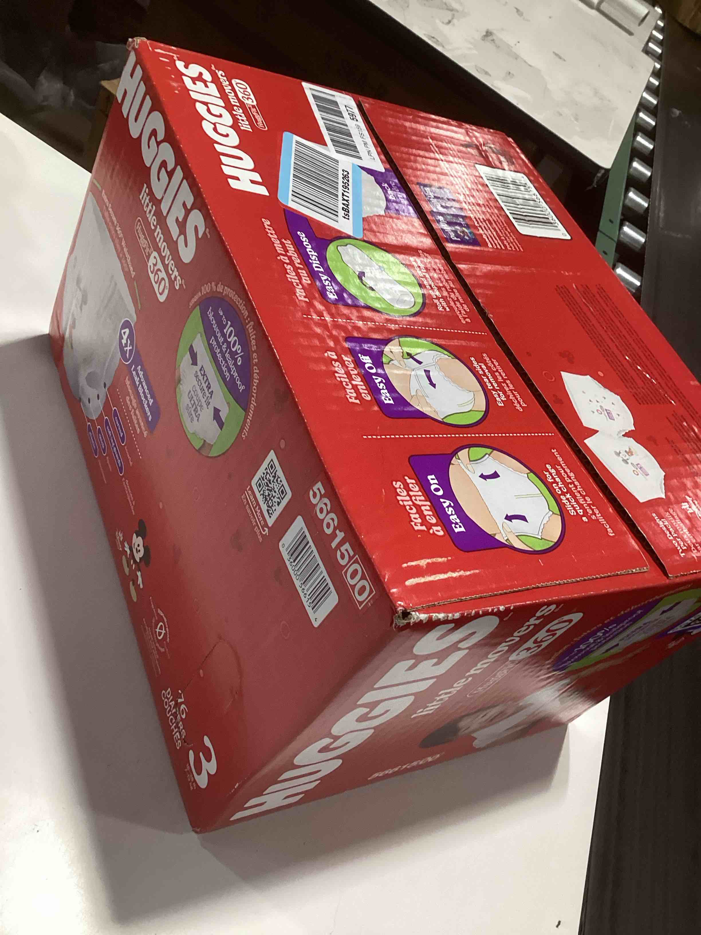 Condition photo showing Good Condition for huggies size 3 baby diapers, little movers huggfit 360° baby diapers with 360° waistband, size 3 (16-28 lbs), 76 count, packaging may vary size 3 76