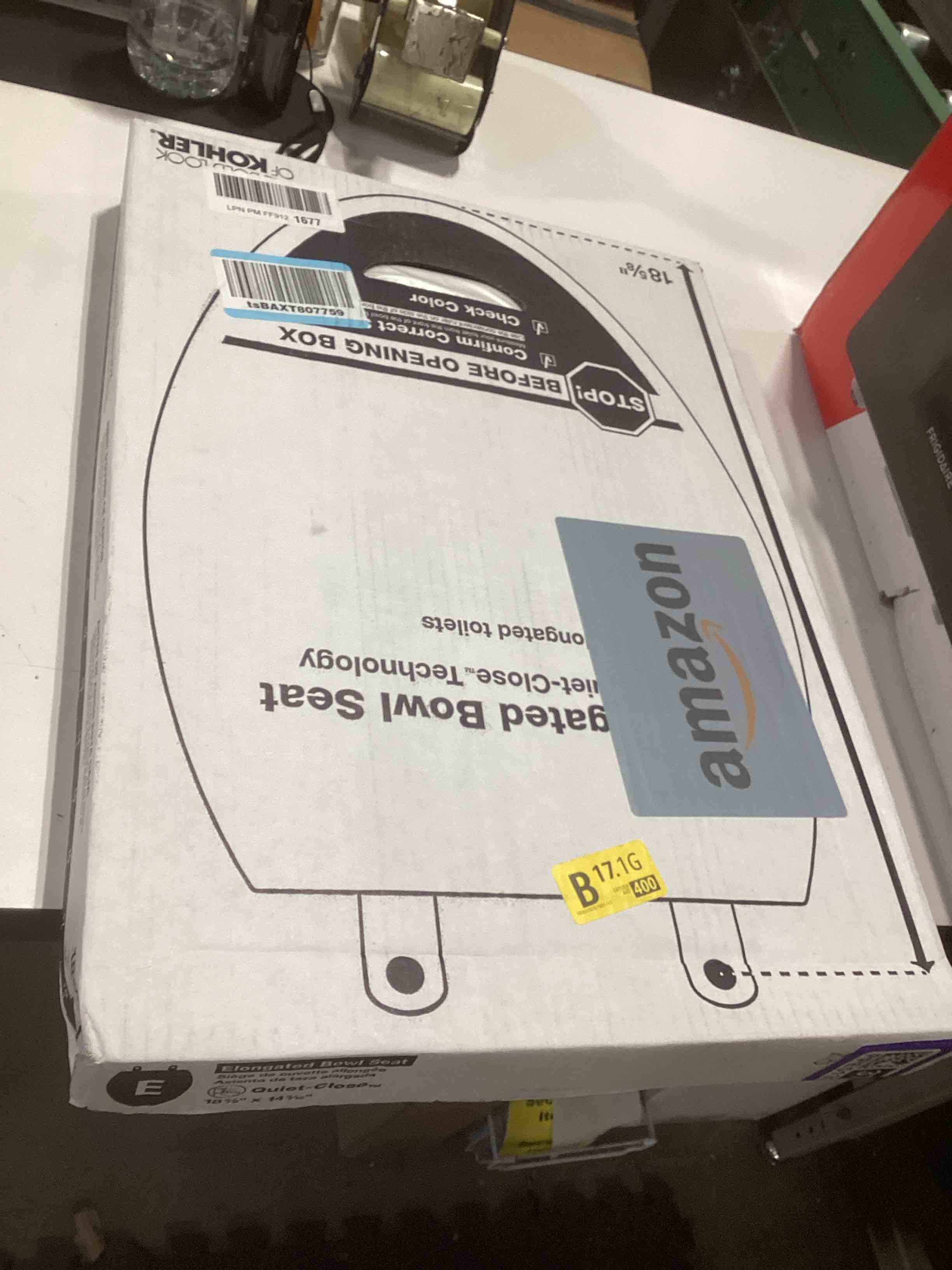 Condition photo showing Good Condition for kohler stonewood quiet-close elongated toilet seat, slow close design, durable wood, easy installation, universal fit, white finish, k-20466-0