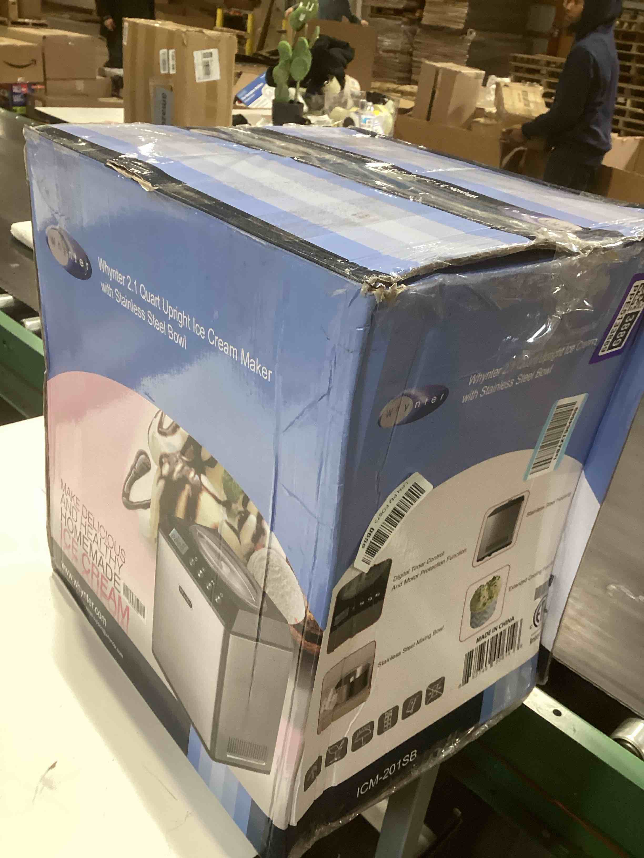 Condition photo showing As Is for whynter ice cream maker machine automatic 2.1 qt. upright with built-in compressor, lcd digital display & timer, no pre-freezing, icm-201sb, stainless steel 2.1 quart stainless steel