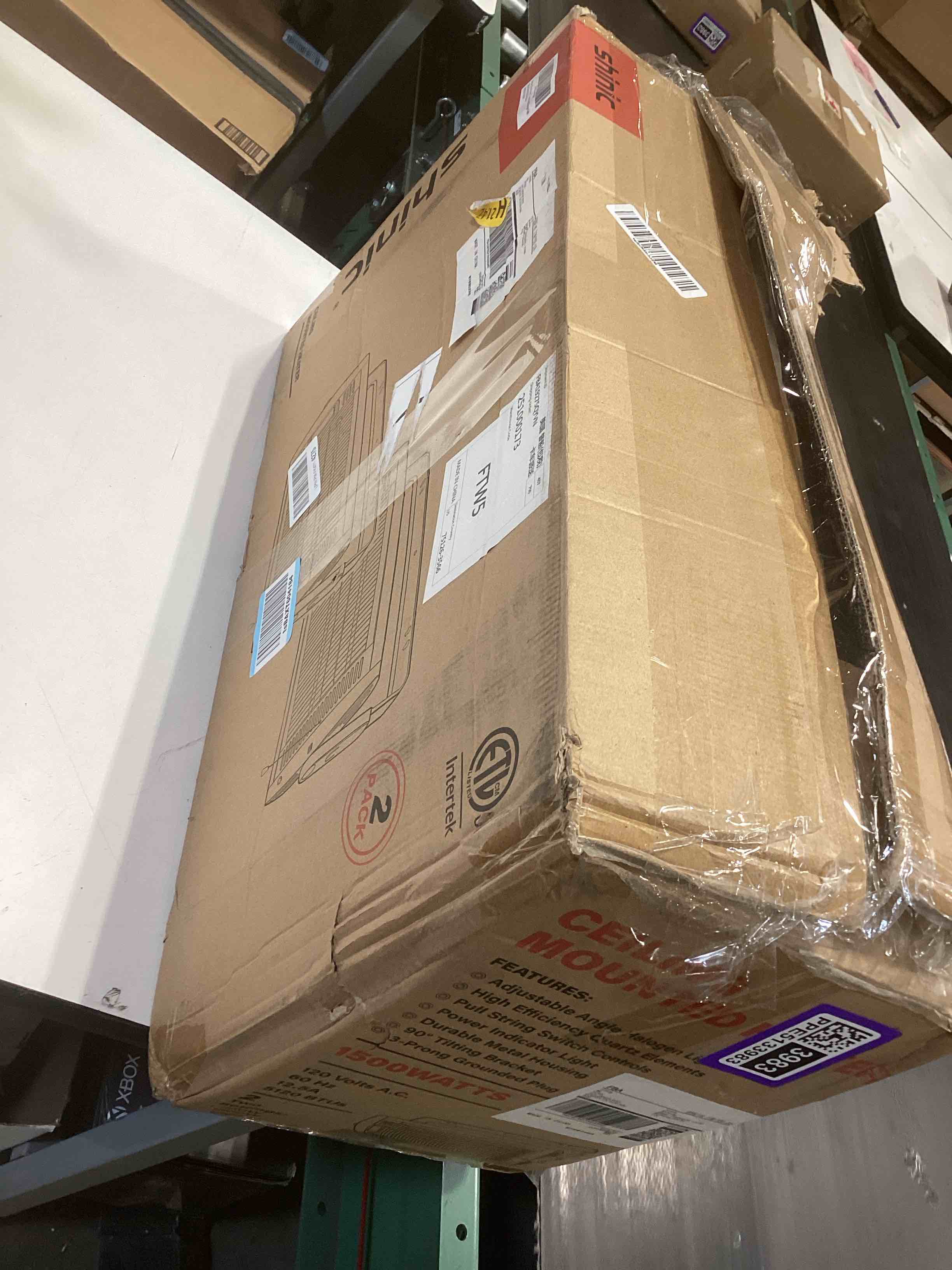 Condition photo showing As Is for shinic 2 packs electric garage heaters, 1500w/750w ceiling mounted heater radiant heaters with halogen light, 90 degree rotation, 5 mode settings, space heater for garage, shop, large room and patio