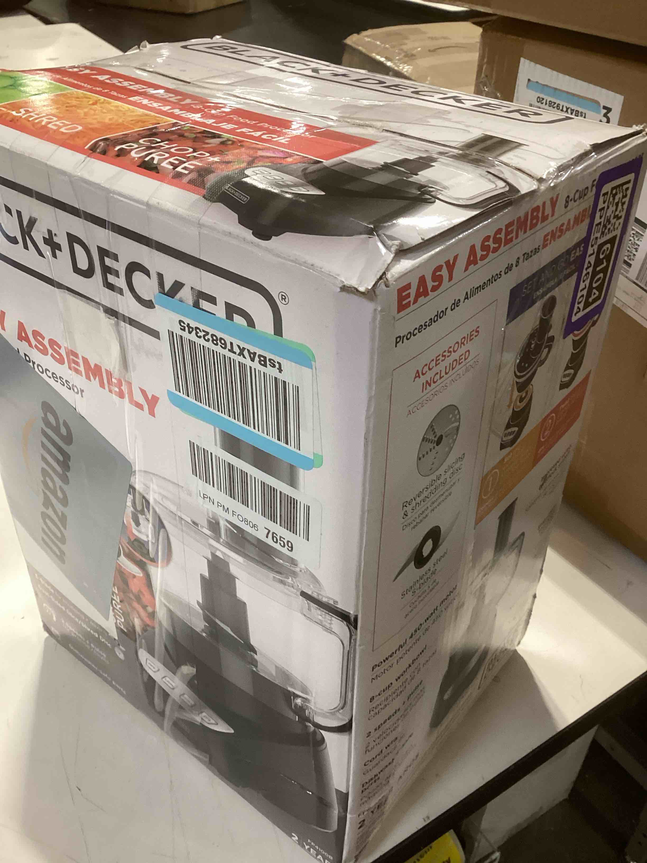 Condition photo showing As Is for black+decker 8-cup food processor, easy assembly, stainless steel s-blade, shred, slice, chop, puree, 450w motor food_grater