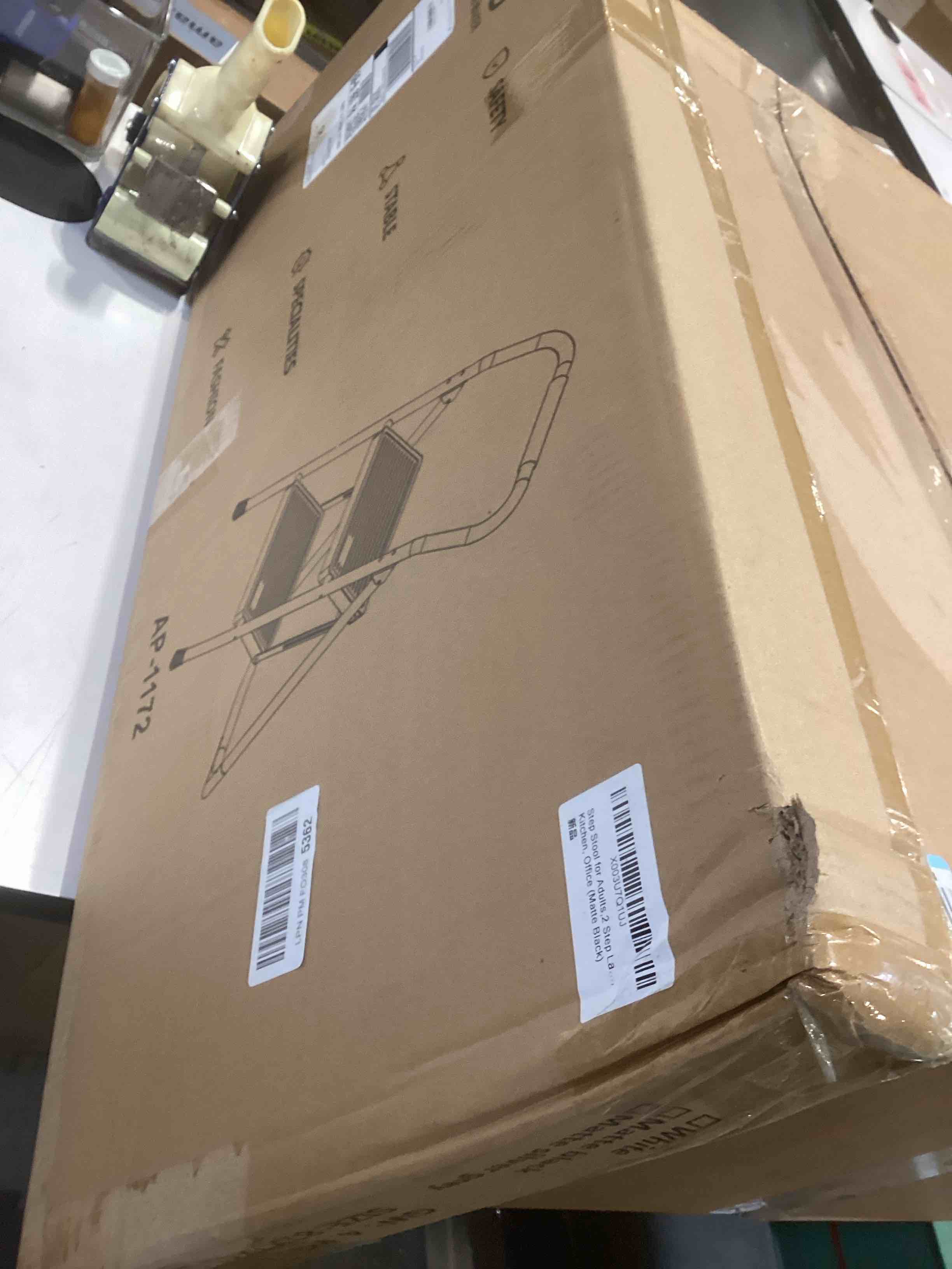 Condition photo showing Good Condition for step stool for adults,2 step ladder folding 330lbs anti slip step stool,foldable ergonomic 2 steel stool with wide pedal for home, kitchen, office (matte black) matte black 2 steps