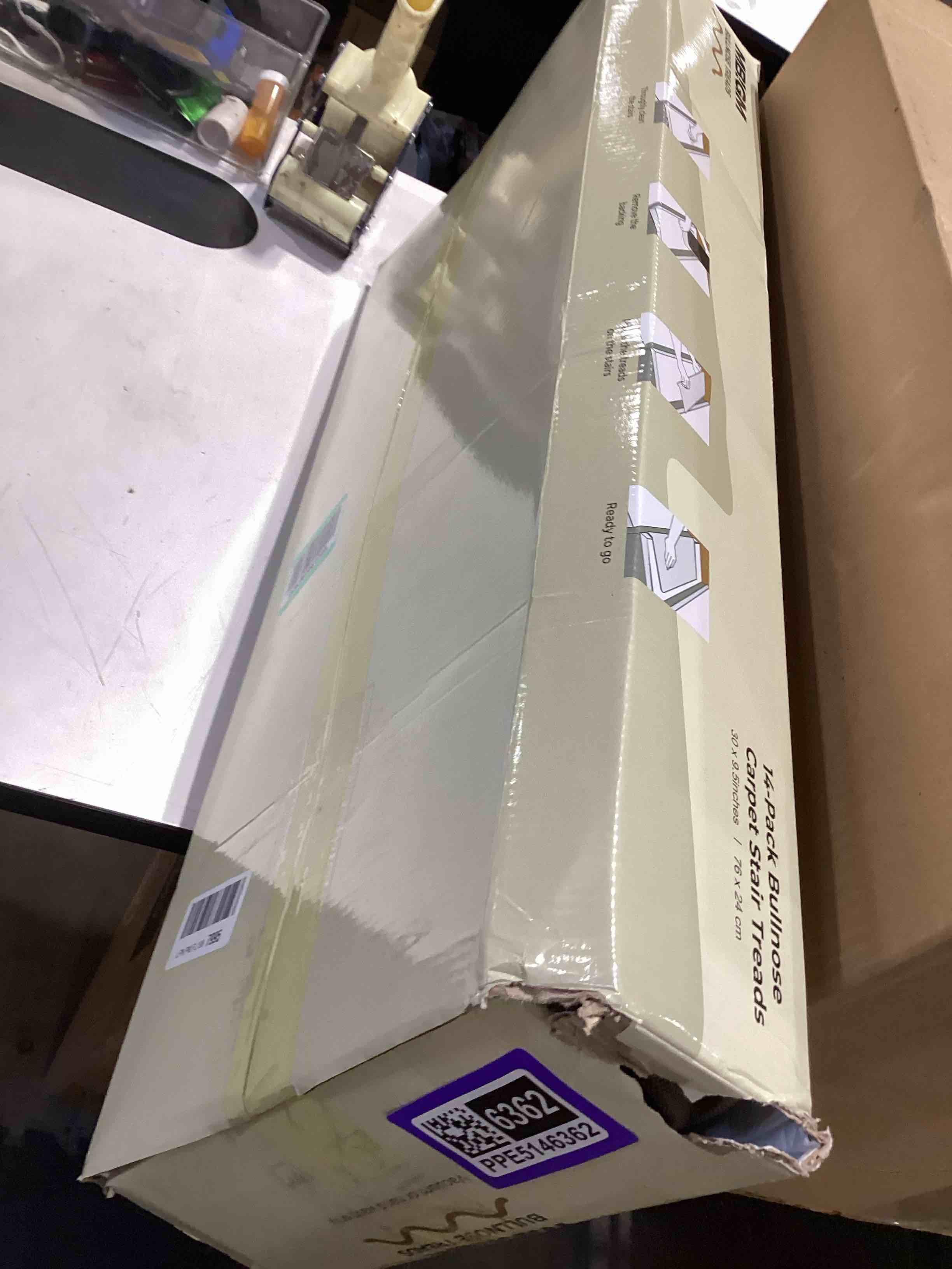 Condition photo showing Good Condition for mbigm bullnose non-slip stair treads w/reusable adhesive 14 pack 9.5" x 30" wooden steps protection - tpu backing with steel reinforcement - anti-slip solution basketweave beige non slip stair tread 9.5" x 30" beige - basketweave 14