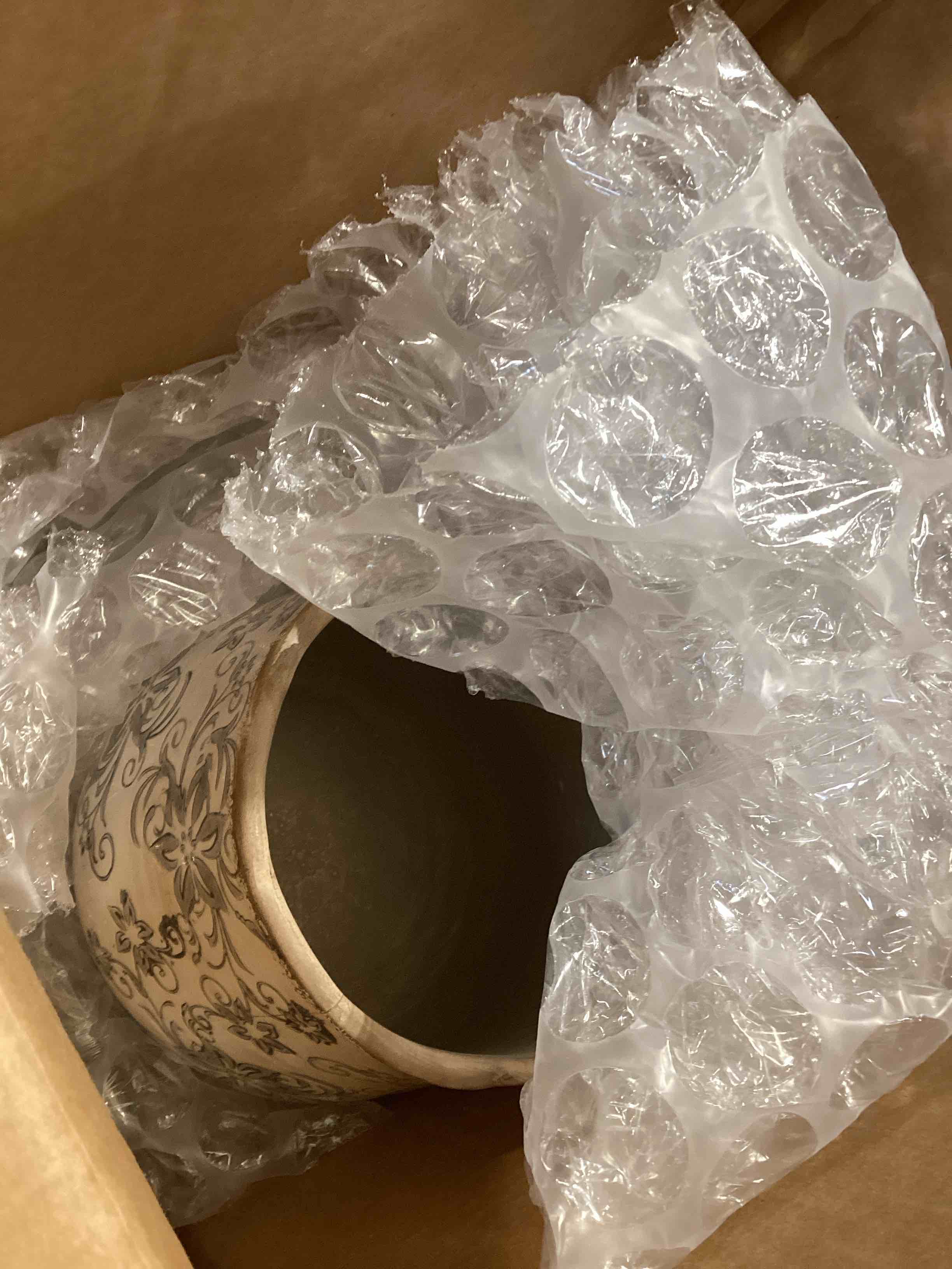 Condition photo showing As Is for nearly natural 7in ceramic decorative planter tuscan style gray scroll design for indoor home shelf table decor 7in.