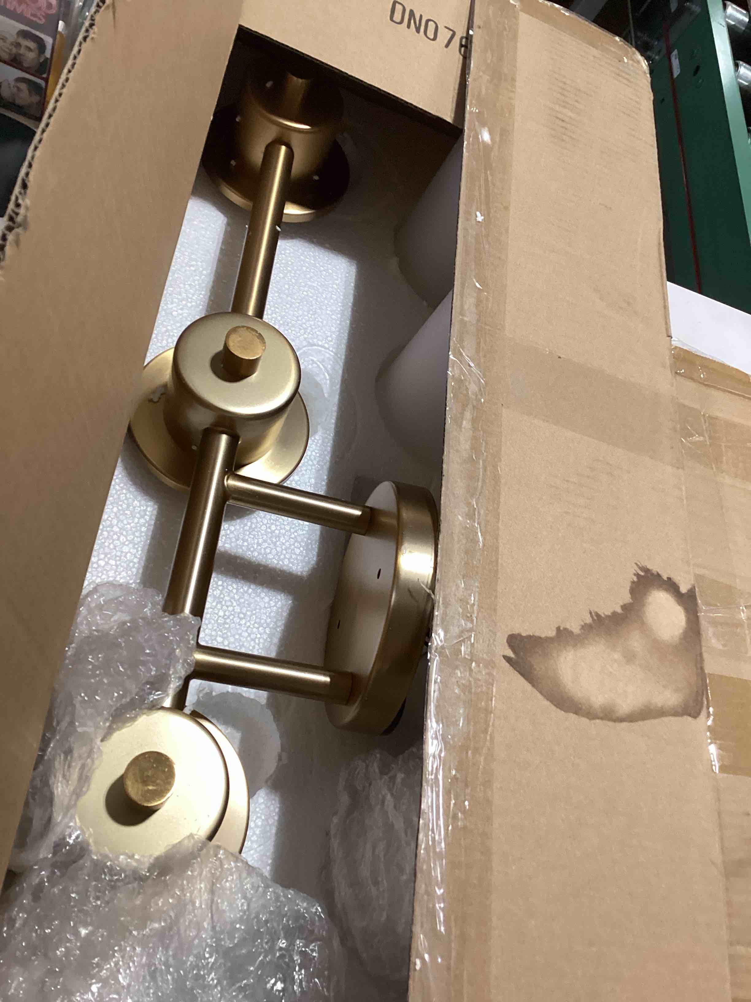 Condition photo showing Good Condition for moen dn0764bg iso 4-light dual-mount bath bathroom vanity fixture with frosted glass, brushed gold