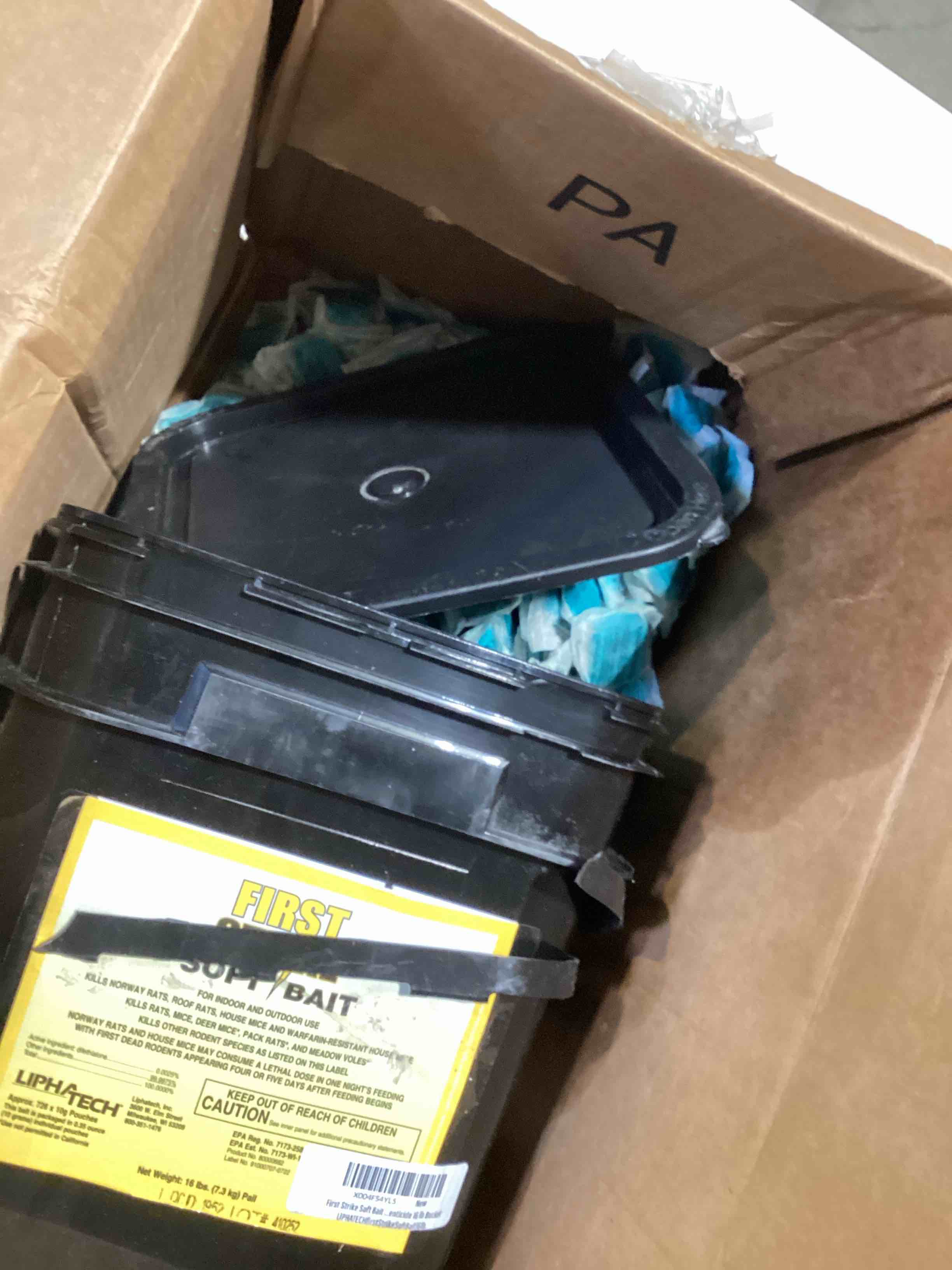 Condition photo showing As Is for first strike soft bait rodenticide 16 lb bucket