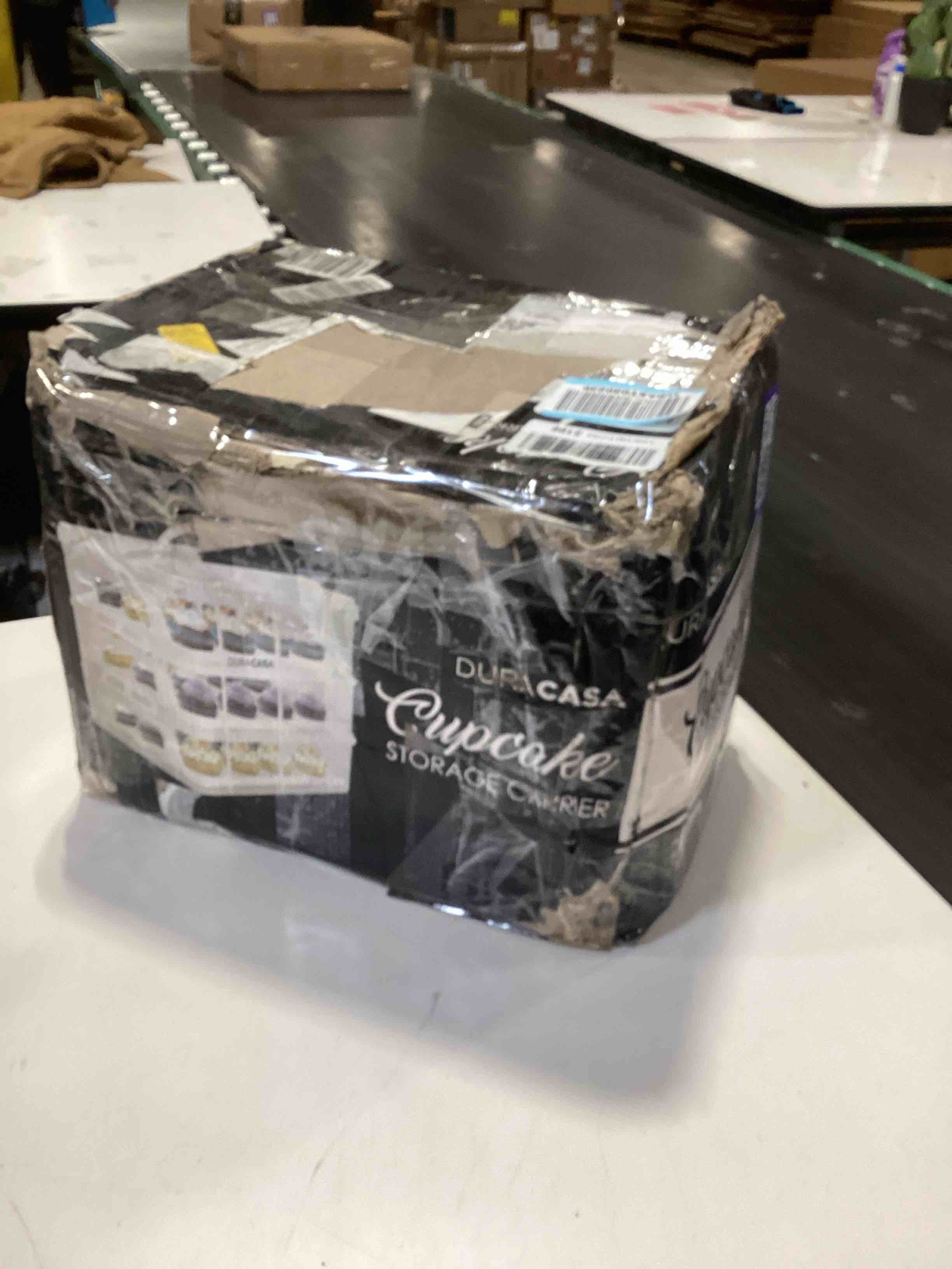 Condition photo showing As Is for cupcake carrier, cupcake holder | premium upgraded model holds cupcakes steadier | store up to 36 cupcakes or muffins | stacking cupcake storage container | use 1,2, or 3 tiers (white) white three tier