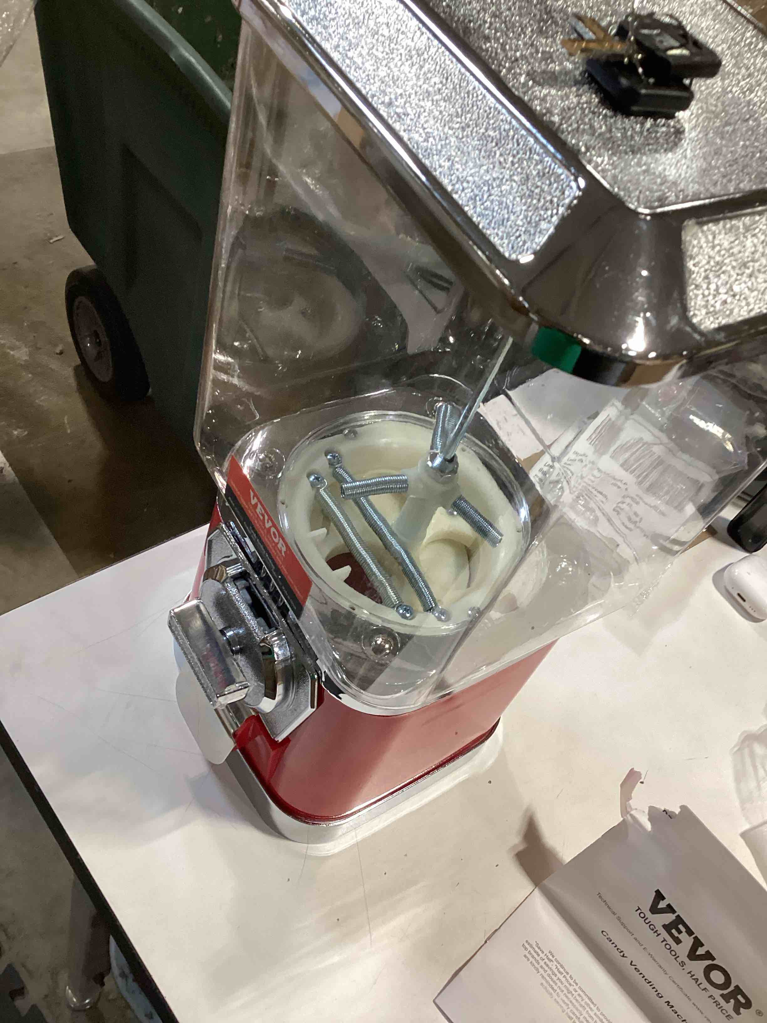 Condition photo showing Good Condition for vevor gumball machine for kids, 17"h home candy vending machine, pc gumball dispenser, bubble gum machine for game stores, coin operated gumball bank for toy capsules bouncy balls candy, red