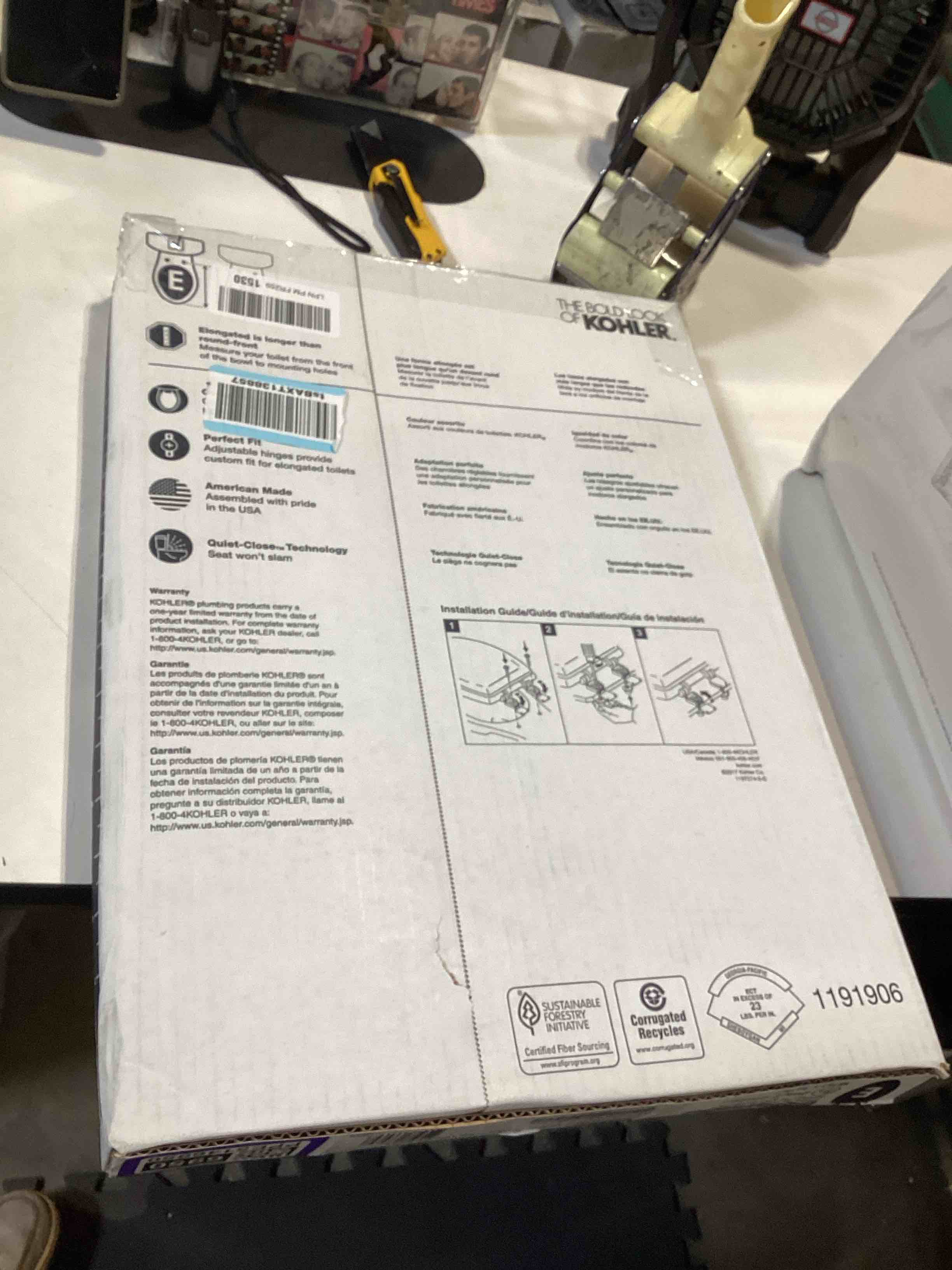 Condition photo showing Good Condition for kohler stonewood quiet-close elongated toilet seat, slow close design, durable wood, easy installation, universal fit, white finish, k-20466-0