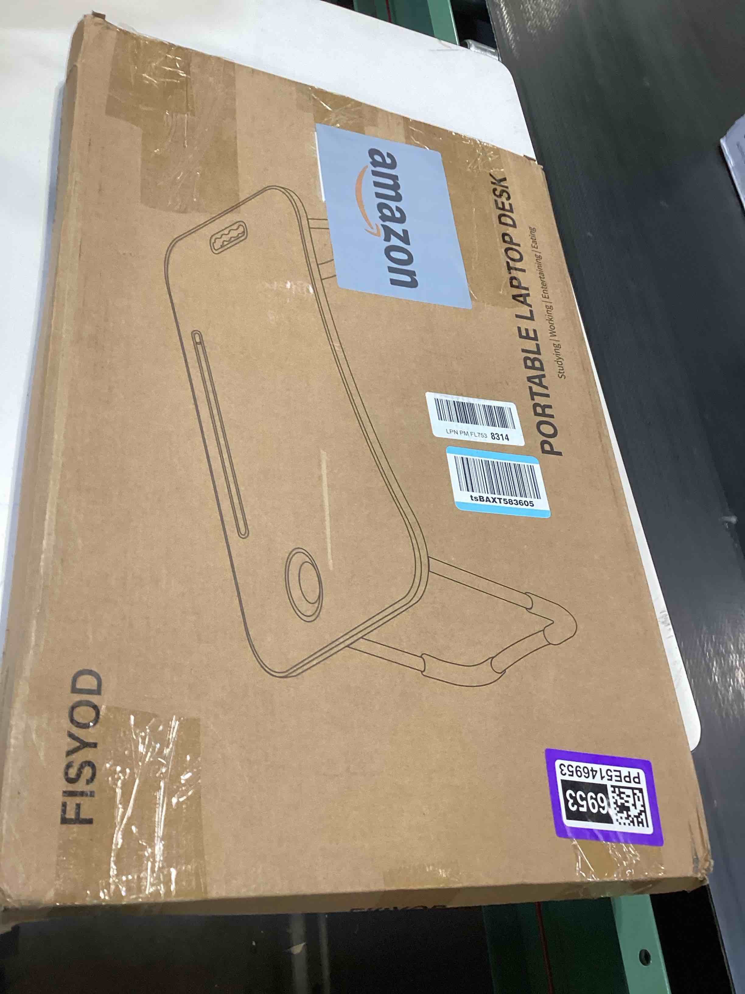 Condition photo showing Good Condition for foldable laptop table, portable lap desk bed table tray, laptop stand with cup holder & tablet slot & lifting handle for working writing drawing & eating (wood)
