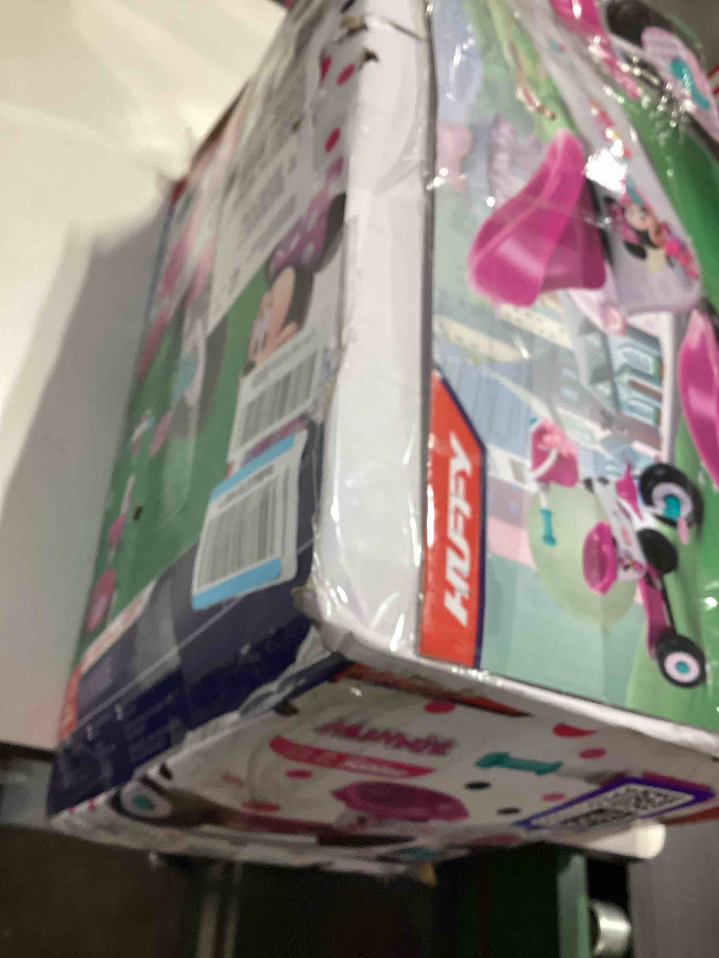 Condition photo showing As Is for huffy disney minnie mouse girl's trike, ideal for ages 3+, minnie mouse graphics, pink handlebar bow basket, storage bins for snacks or toys, sturdy and durable, safe for toddlers