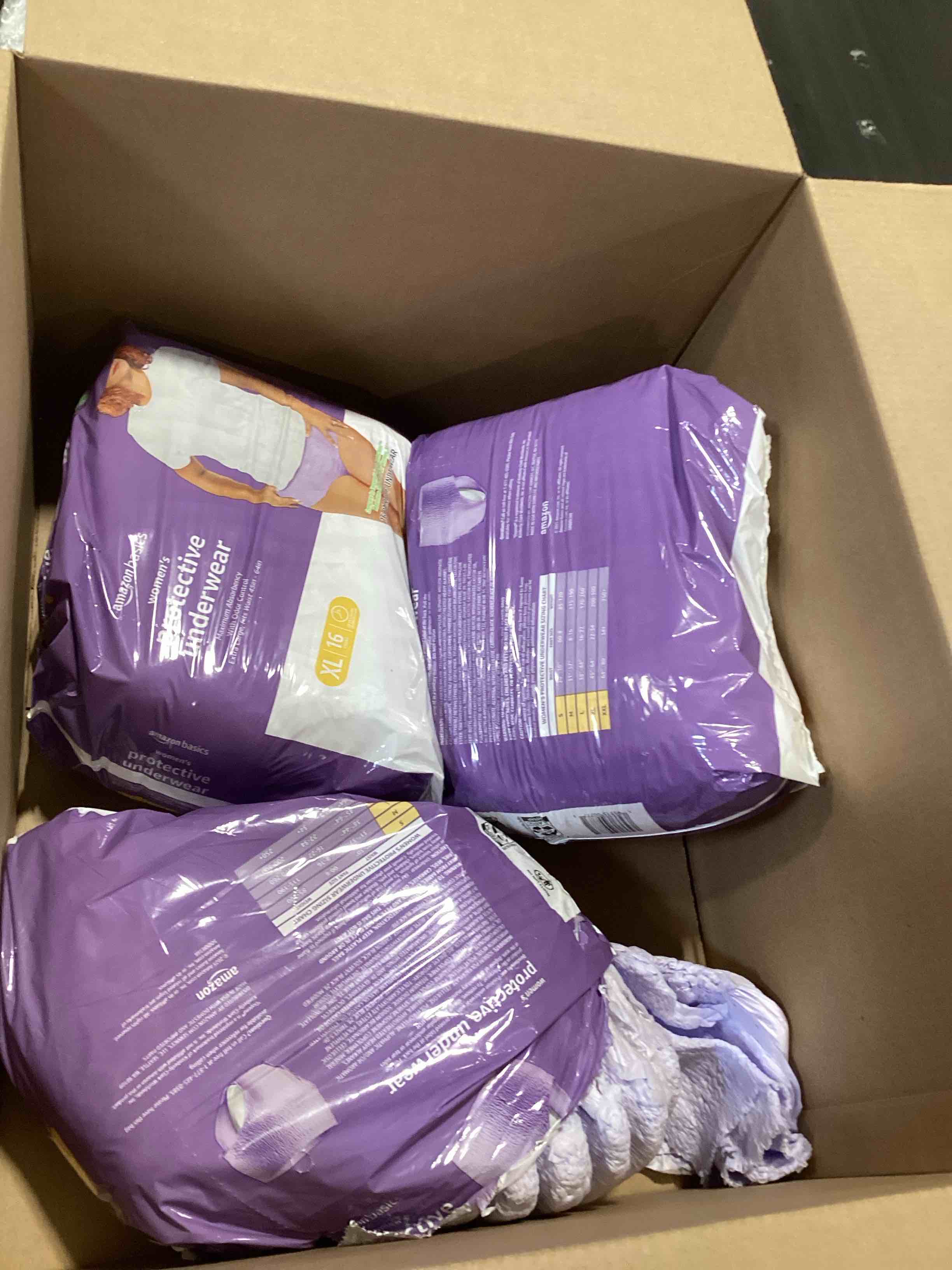 Condition photo showing Good Condition for amazon basics postpartum incontinence underwear for women, maximum absorbency, fresh protection, leak protection, odor guard, soft comfortable fit, disposable, x-large, lavender, 16 count x-large 16.0