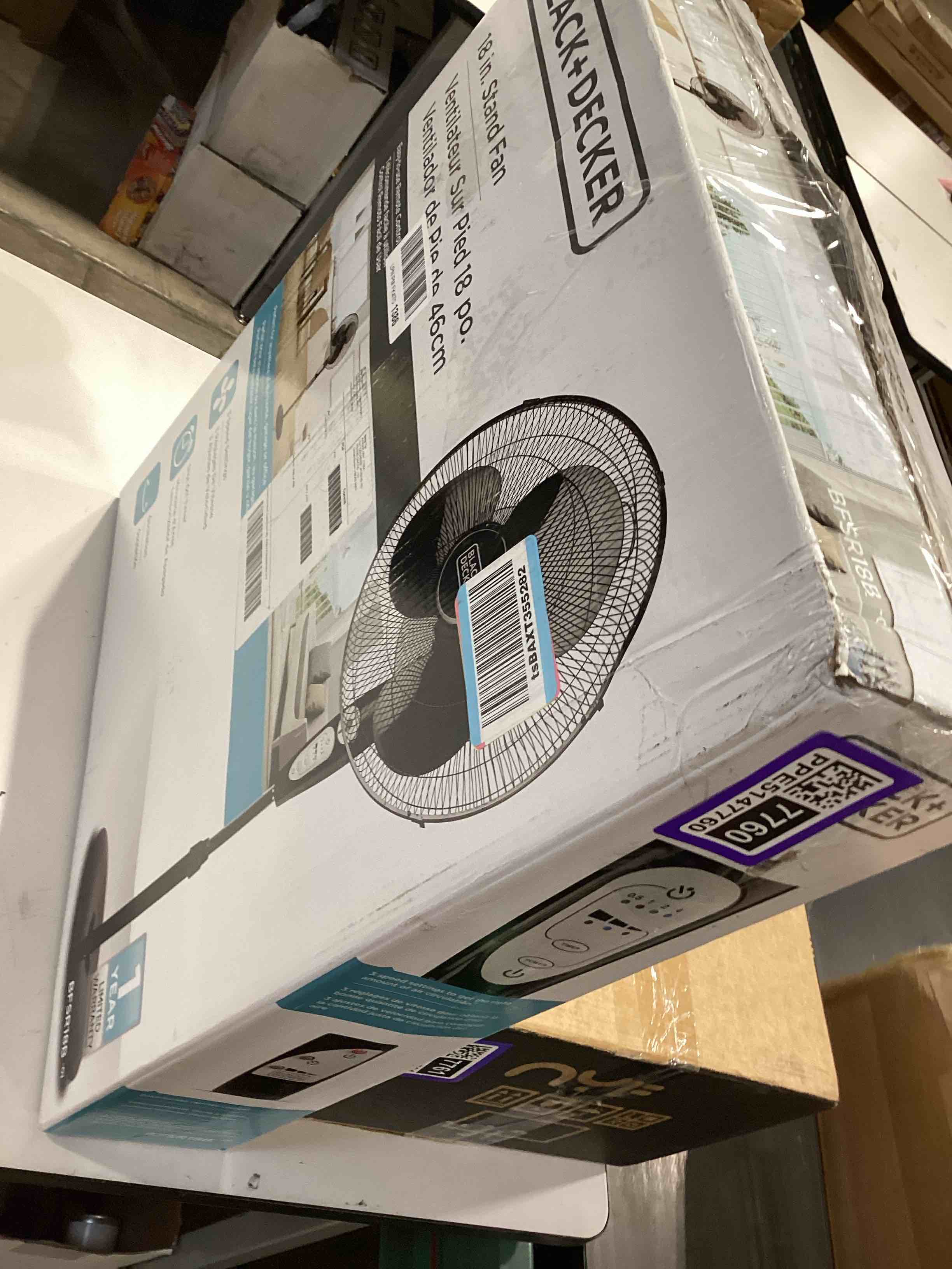 Condition photo showing As Is for black+decker 18-inch stand fan with pedestal base, height adjustable pedestal fan with remote and touch control panel, free standing fan with 90-degree oscillating and 3-speed settings, black black 18"
