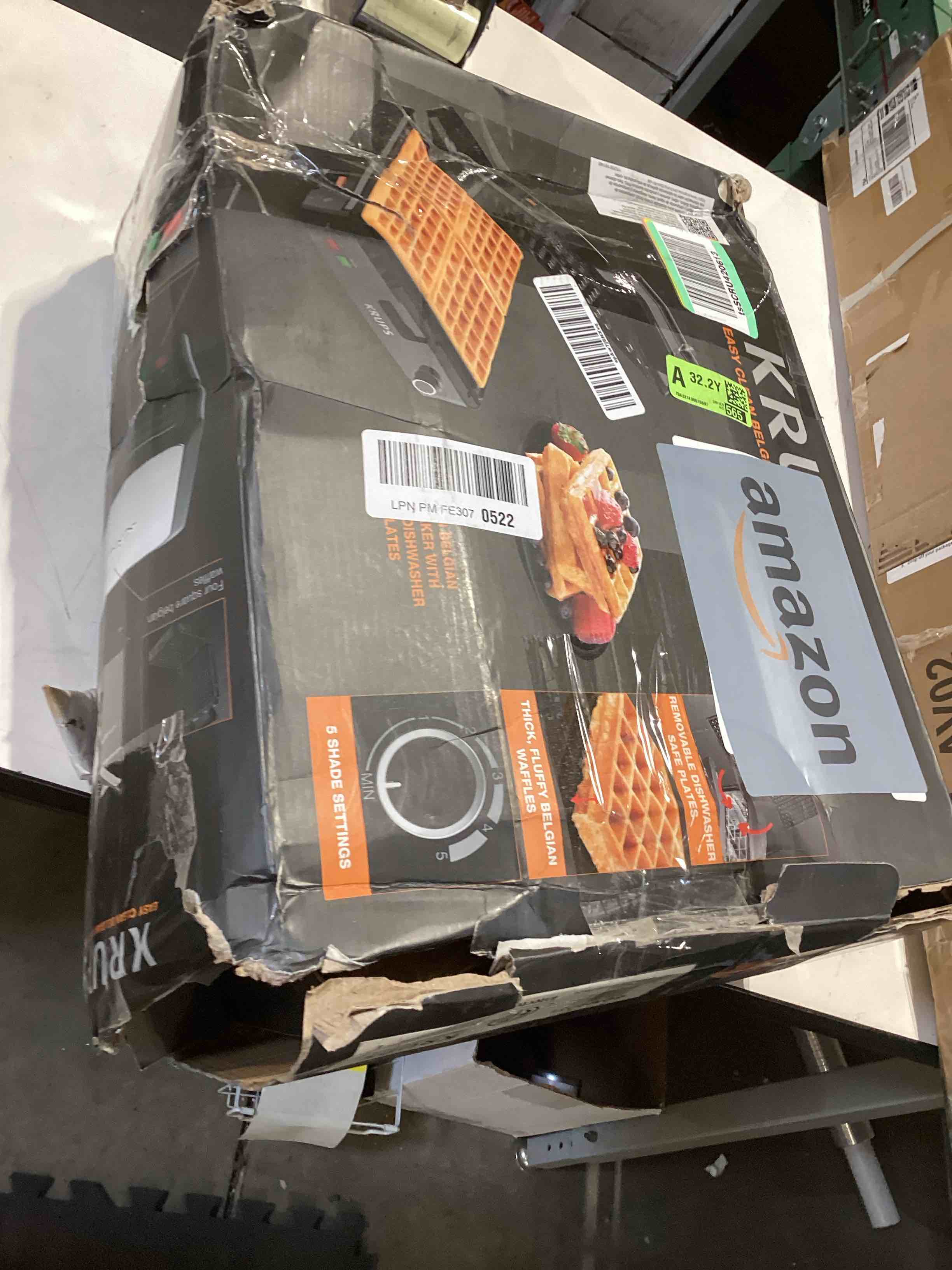 Condition photo showing As Is for krups 4-slice belgian waffle maker: stainless steel, 5 browning levels, audible ready beep, removable plates, 1200w, silver/black, large waffle maker family size, great for family breakfasts
