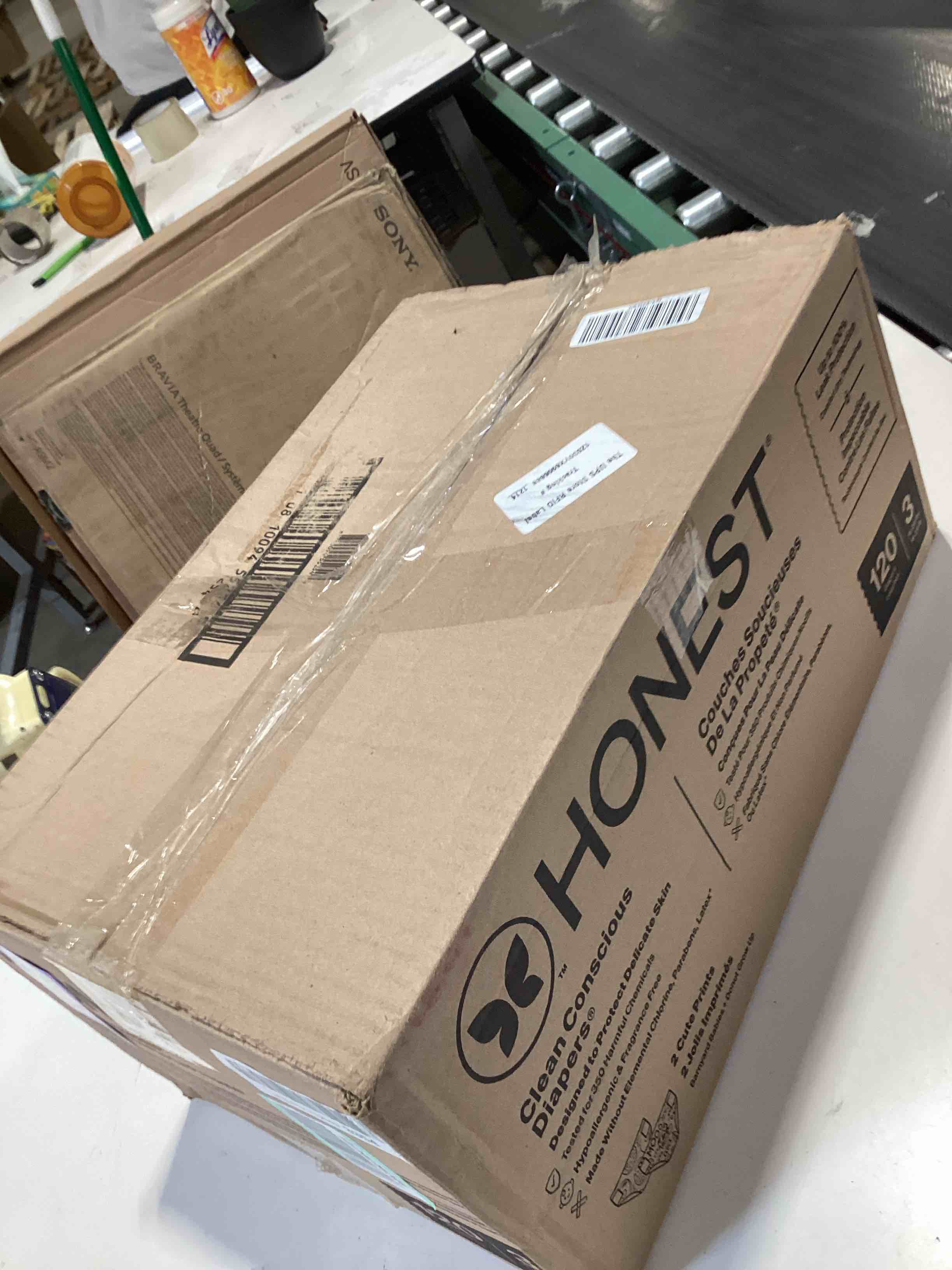 Condition photo showing New/Like New for the honest company comfort dry disposable diapers for sensitive skin, hypoallergenic, barnyard babies + donut grow up, super club box size 3 (16–28 lbs), 120 count size 3 (120 count) barnyard babies + donut grow up