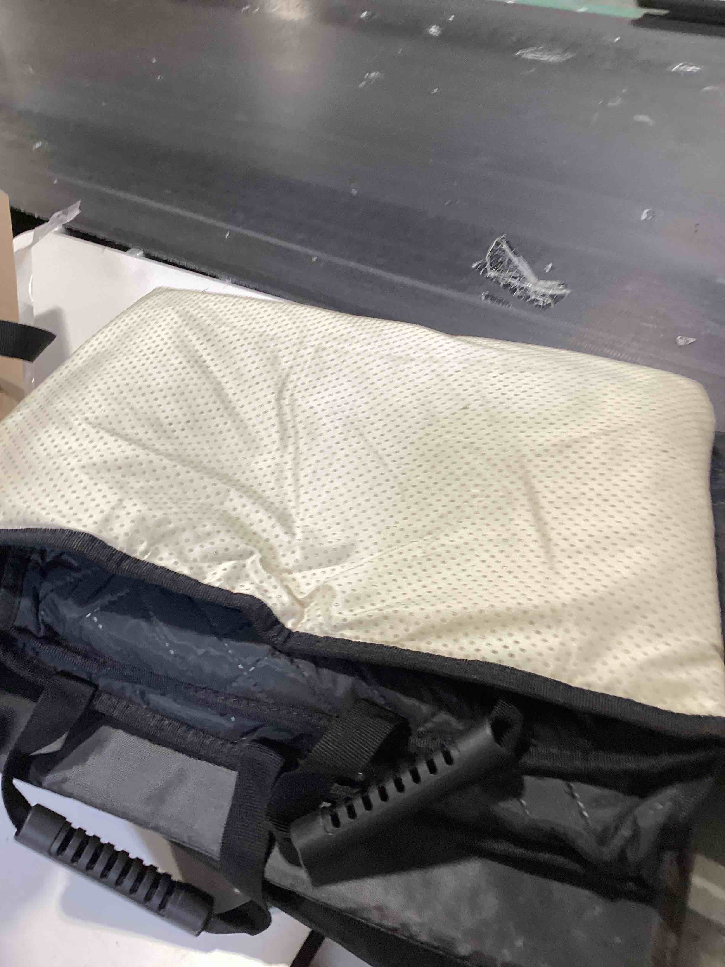 Condition photo showing As Is for similar to….joejoy dog car seat for medium/large dogs - reversible dual-sided travel dog car bed with memory foam, washable pet booster seat for dogs up to 55 lbs or 2 small dogs, 2 safety leashes, grey large grey