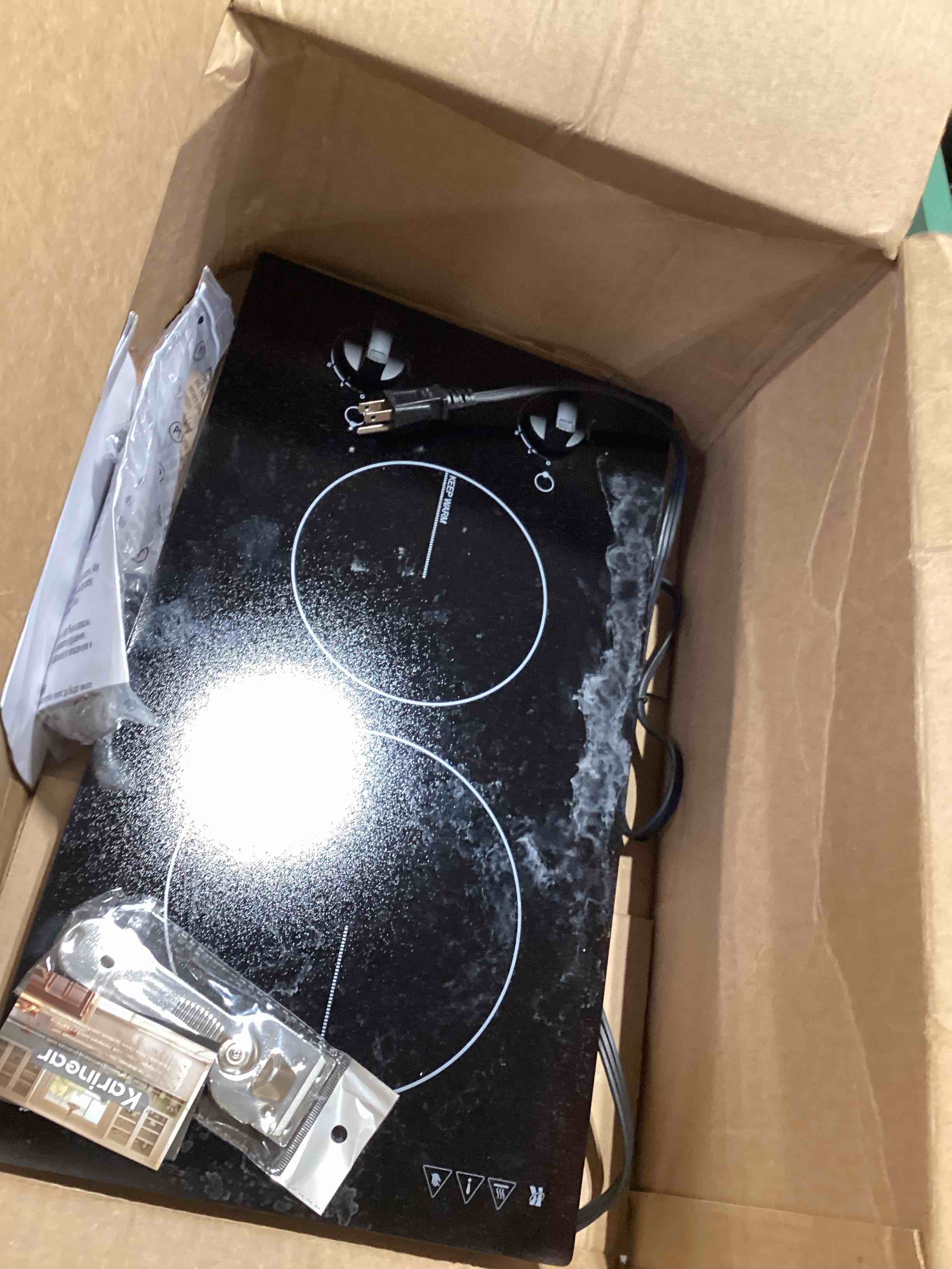 Condition photo showing Good Condition for not tested…karinear 110v electric cooktop 2 burners, 12'' electric stove top with plug in, knob control countertop & built-in ceramic cooktop, 9 heating level, hot warning, over-temperature protection popular black knob