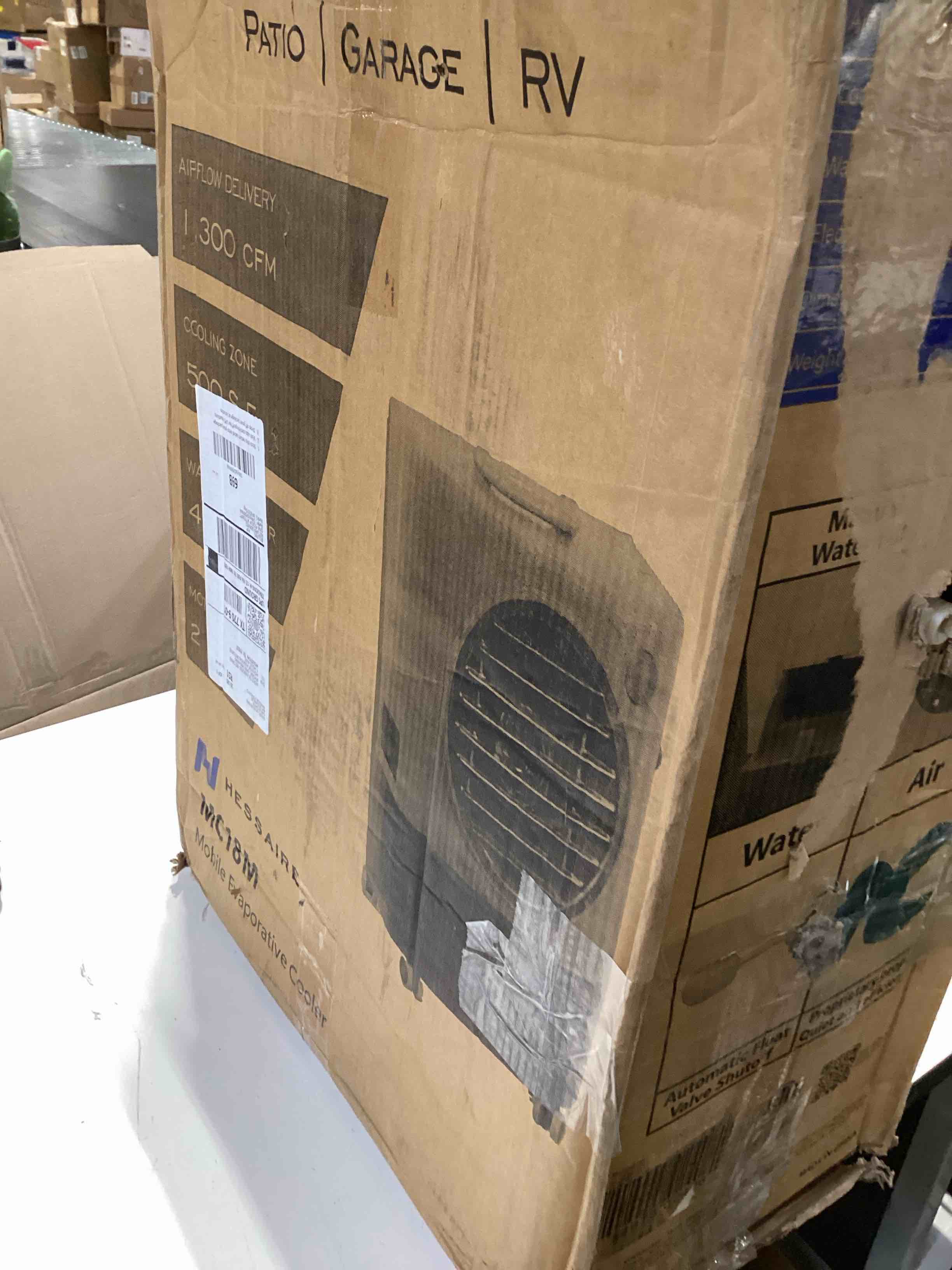 Condition photo showing As Is for hessaire mc18m portable evaporative cooling fan indoor/outdoor low humidity environments 1300 cfm 500 sq. ft. 2-speed fan 53.4 db white