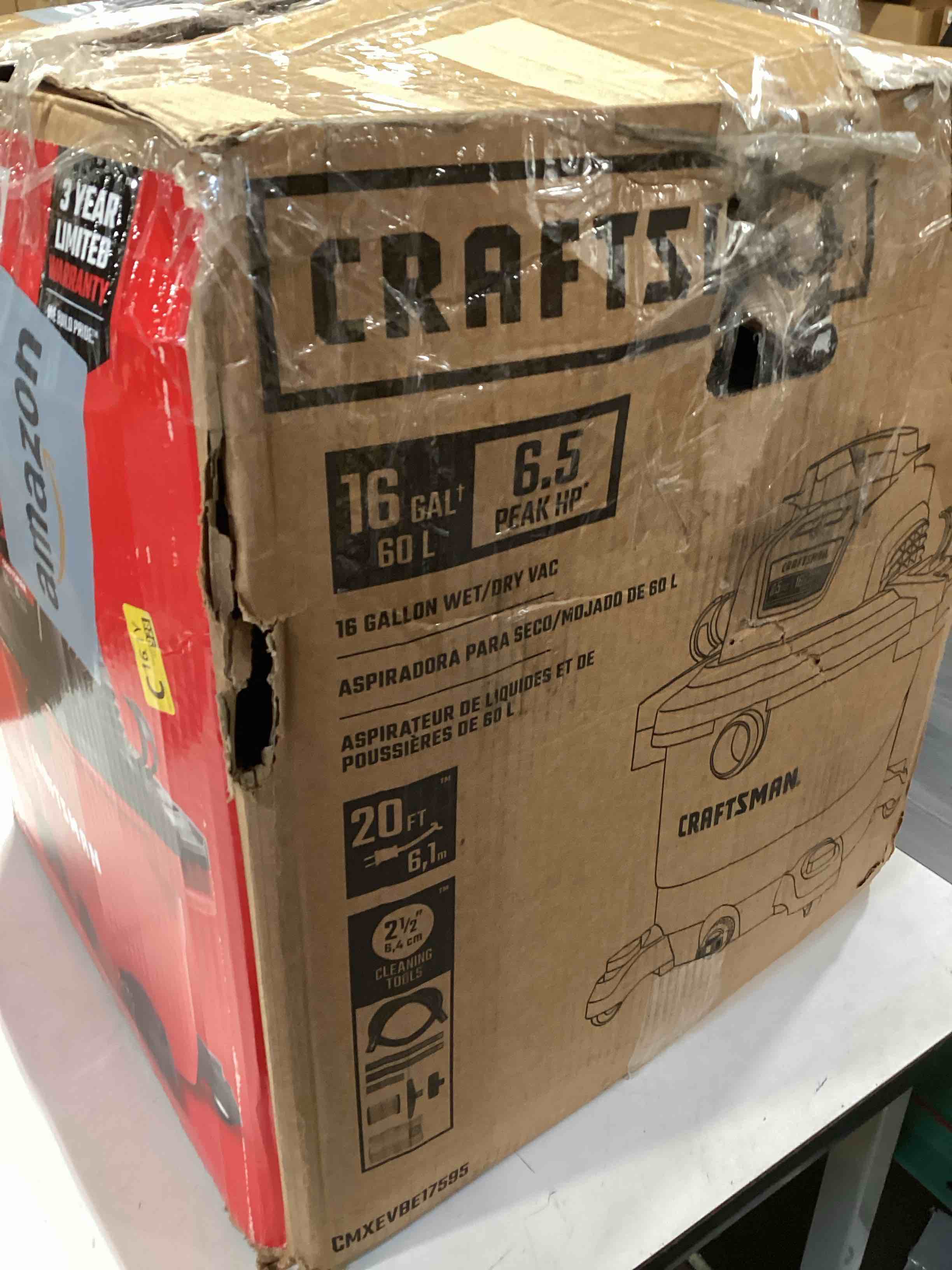 Condition photo showing As Is for craftsman cmxevbe17595 16 gallon 6.5 peak hp wet dry vac, heavy-duty shop vacuum wet and dry with filter, dust bag, hose and attachments for home projects & renovations 16 gallon 6.5 peak hp w/filter, dust bag, hose