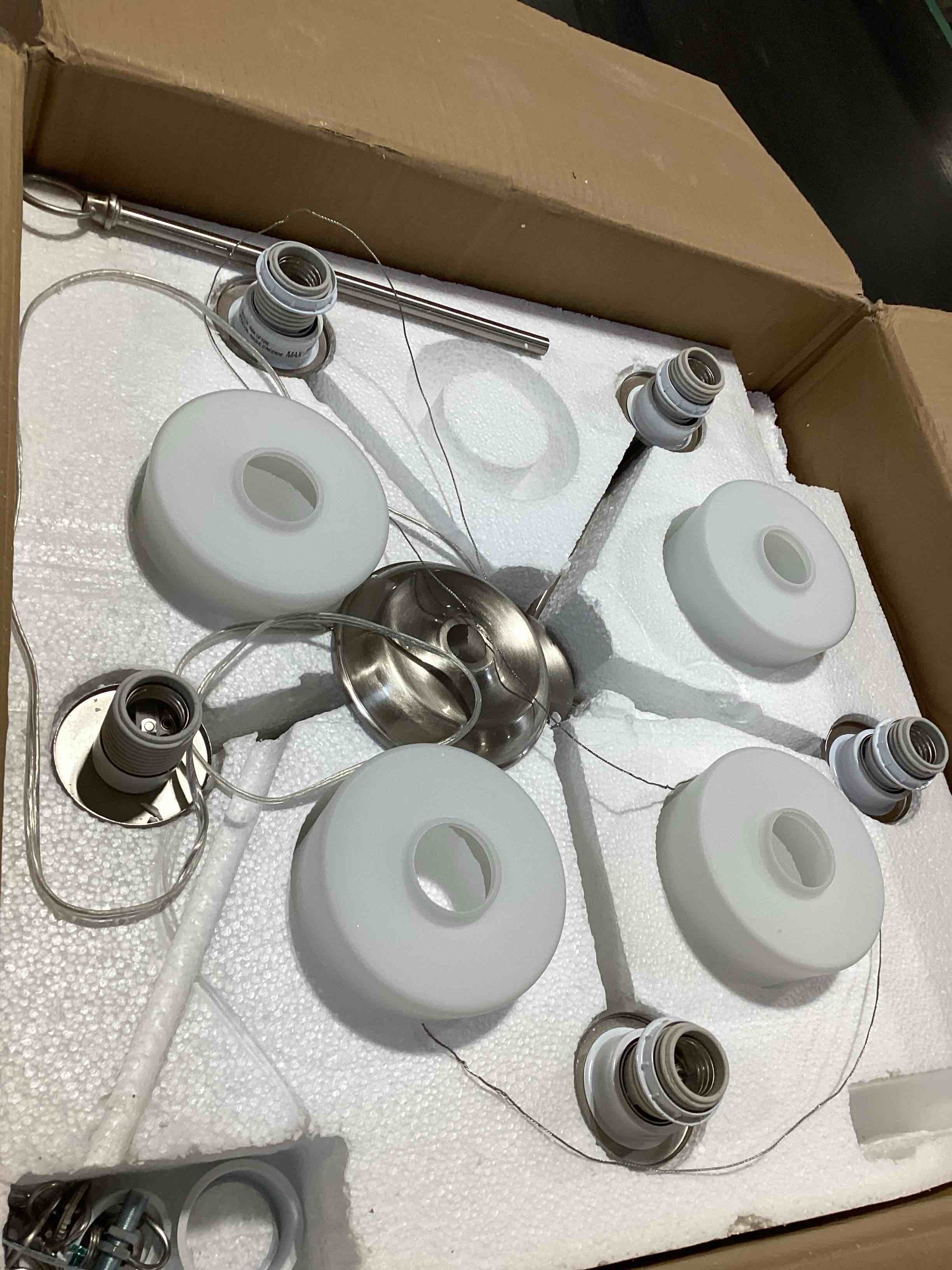Condition photo showing Good Condition for incomplete…..generation lighting 3140405-962 five 3140405-962-five light chandelier, brushed nickel, 5-light, cetl listed, safety rated for wet locations, aluminum construction brushed nickel five - light chandelier