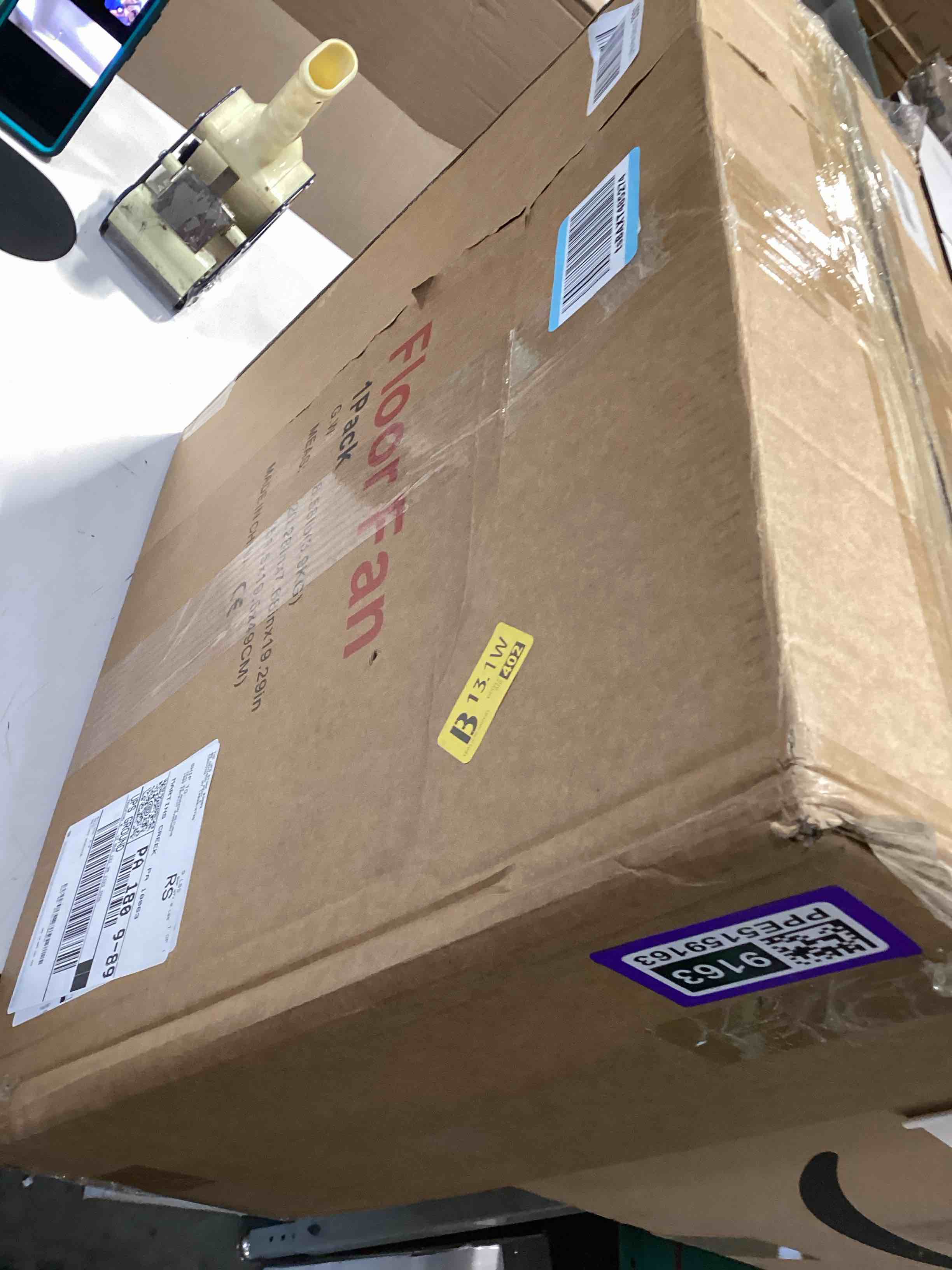 Condition photo showing Good Condition for not tested….16" battery operated floor fan compatible with milwaukee m18 18v battery, portable fan with ac adapter and usb output, metal industrial high velocity, stepless speed cordless fan for jobsite garage