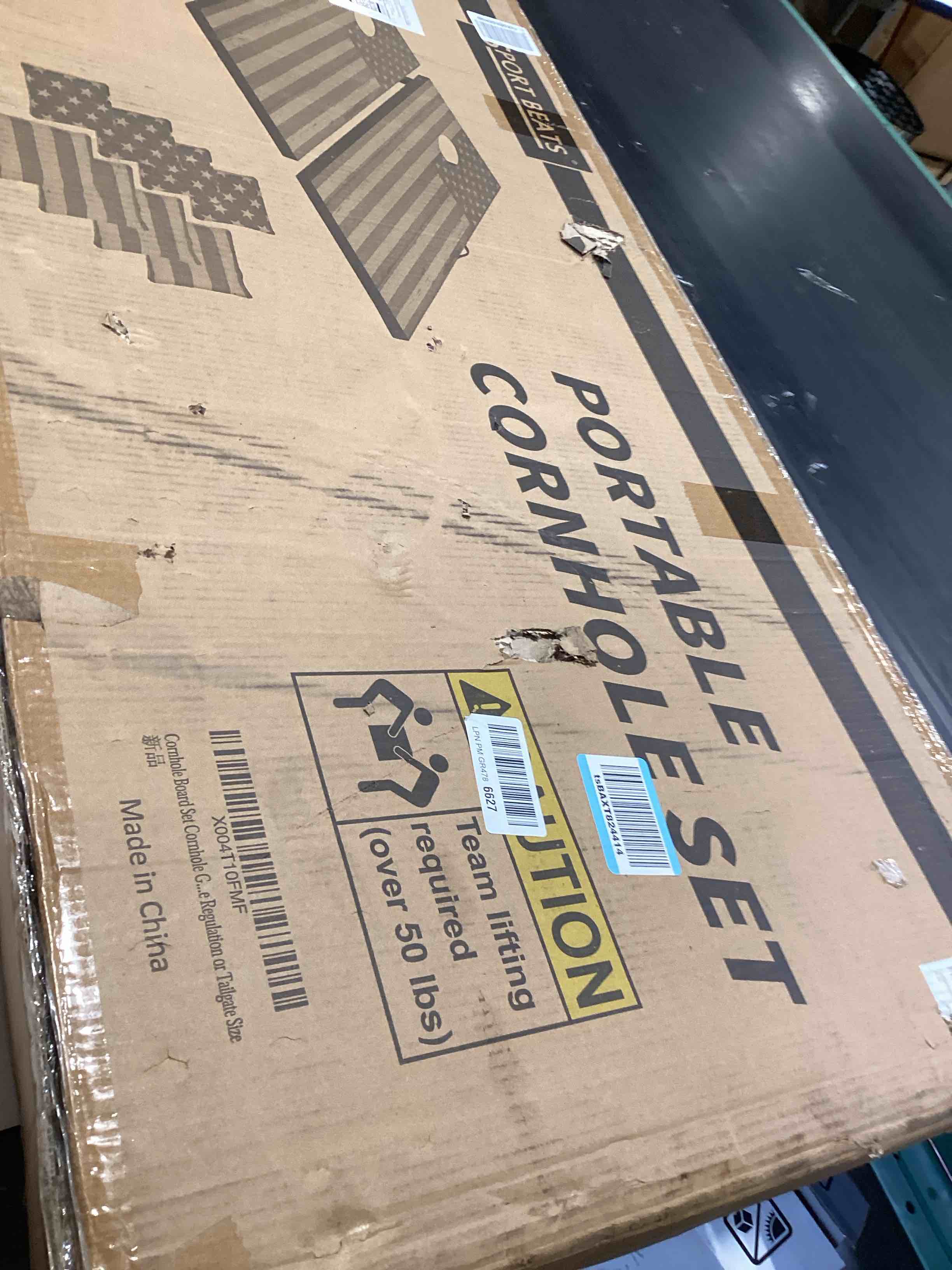 Condition photo showing As Is for portable cornhole board set - premium mdf wood corn hole game with 8 regulation bean bags, for backyard, camping, and outdoor tailgating - choose 3x2' tailgate or 4x2' regulation size 4' x 2' flag