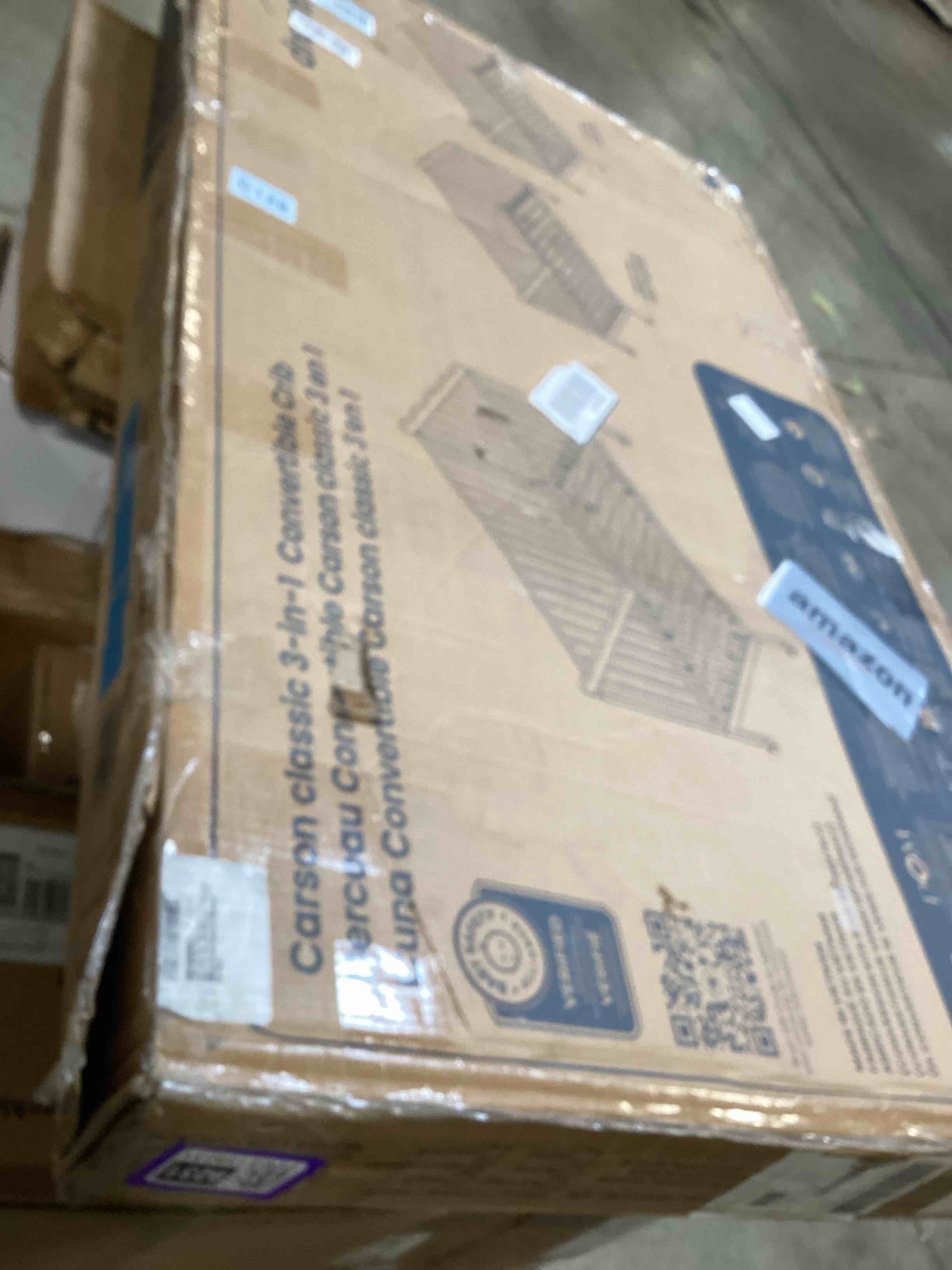 Condition photo showing As Is for dream on me carson classic 3-in-1 convertible full-size baby crib in barnwood natural, greenguard gold & bsa, 4 mattress heights, converts to day & toddler bed, locking wheels, classic nursery design