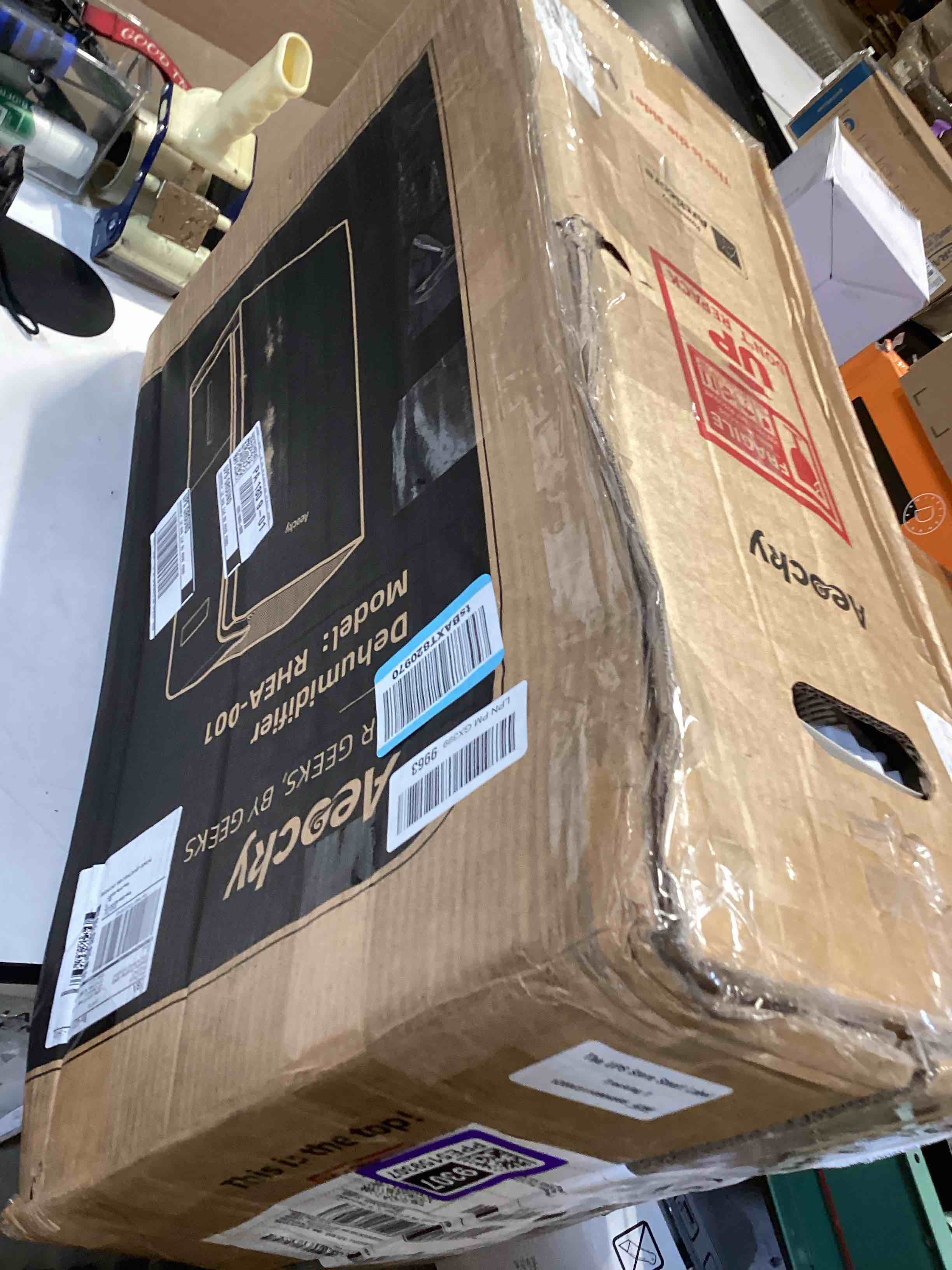 Condition photo showing As Is for aeocky 4500 sq.ft energy star most efficient 2025 dehumidifier with pump, max 80 pint/day smart compressor dehumidifier with drain hose, intelligent humidistat,for basement,bedroom,home,bathroom