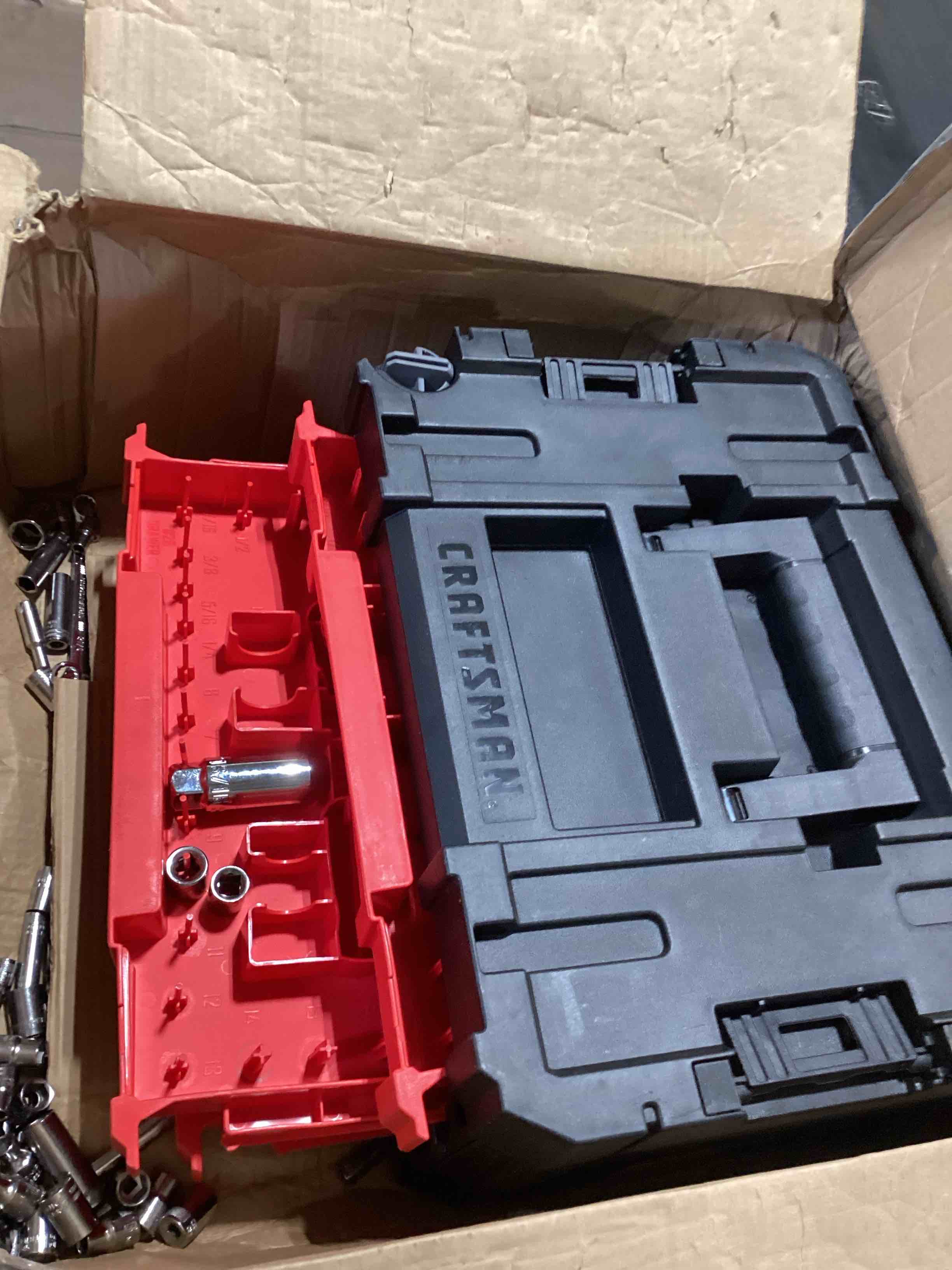 Condition photo showing As Is for craftsman 262-piece mechanic tool set with 3-drawer versastack box, sae and metric socket set, car and motorcycle tool kit with combination wrenches and spark plug sockets (cmmt45309) new 262 piece set