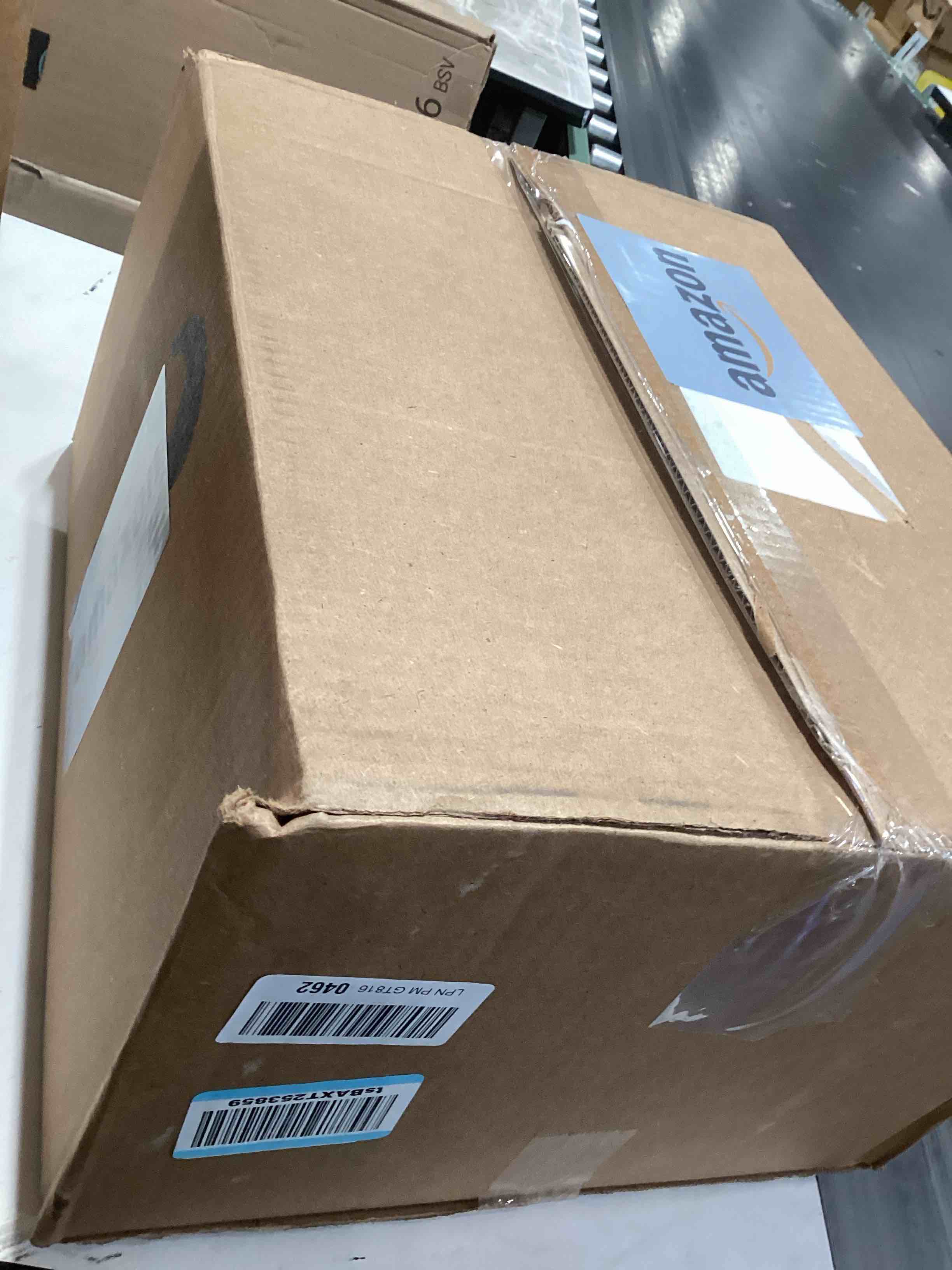 Condition photo showing As Is for amazon basics large cat litter box with high sides, open top for easy access, includes scoop with storage, 19" x 15" x 11.75", grey/beige grey/beige open top