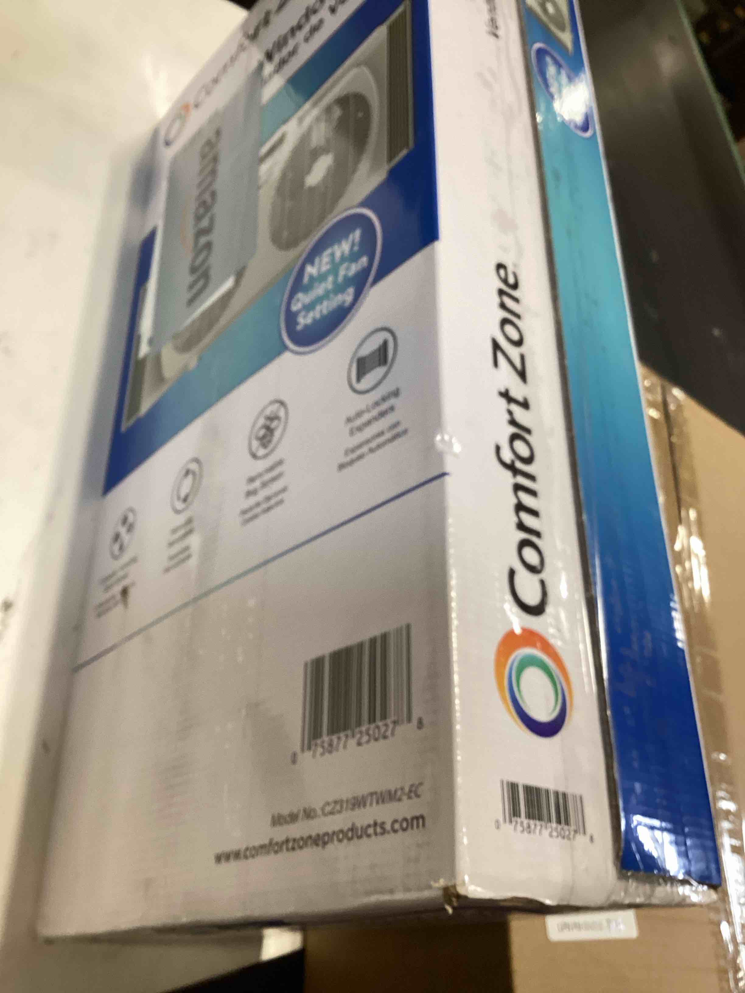 Condition photo showing Good Condition for not tested…comfort zone 9-inch 3-speed reversible twin window fan – dual blade window exhaust fan with auto-locking expanders, 22.25" to 33" wide – tabletop feet & removable bug screen included white 3-speed