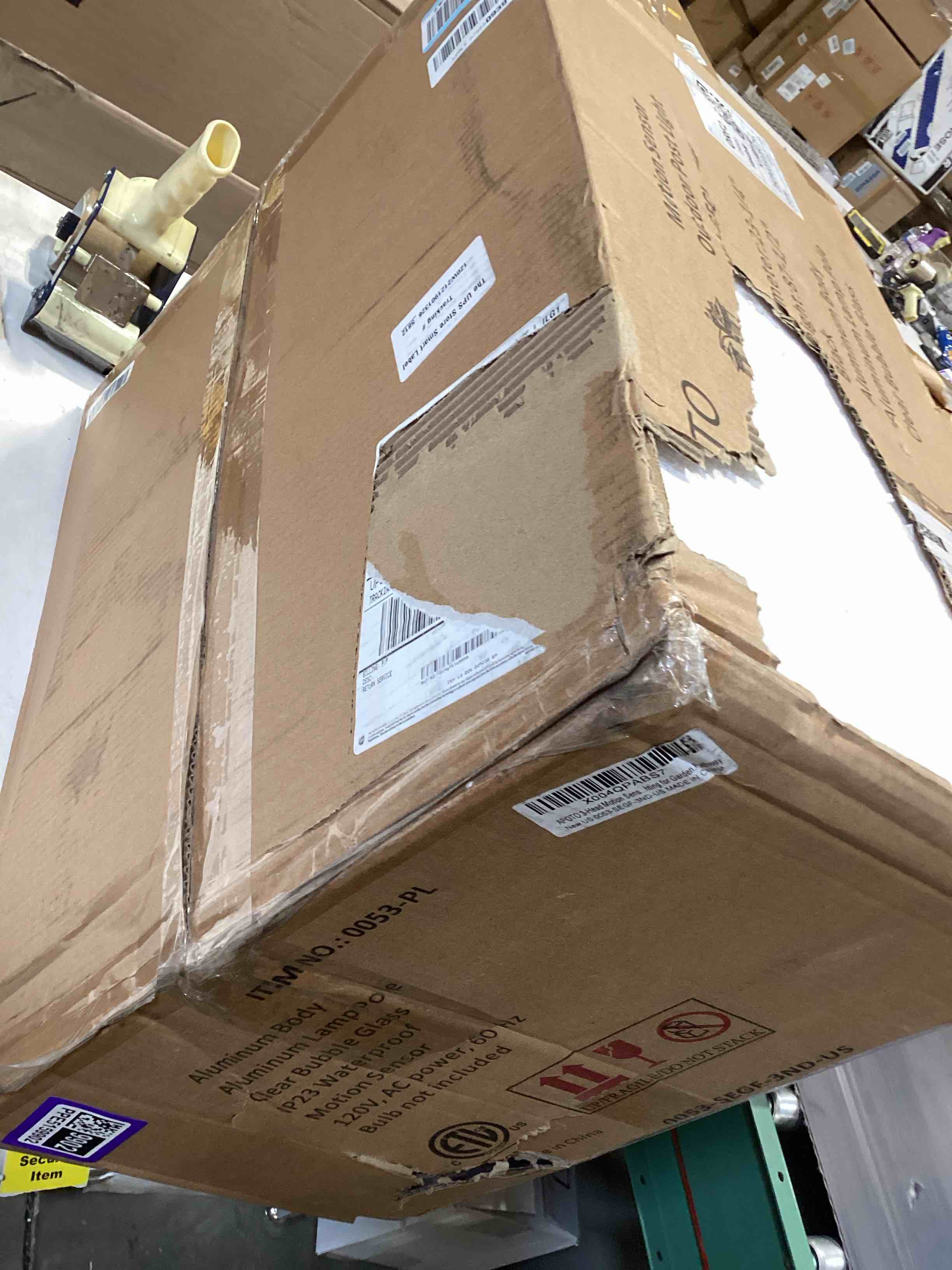 Condition photo showing As Is for motion sensor outdoor lamp post light fixture with gfci outlet,3-head dusk to dawn outdoor light post with bubble glass,aluminum waterproof light poles outdoor lighting for outside yard garden pathway 87.5", gfci outlet 3 head- motion