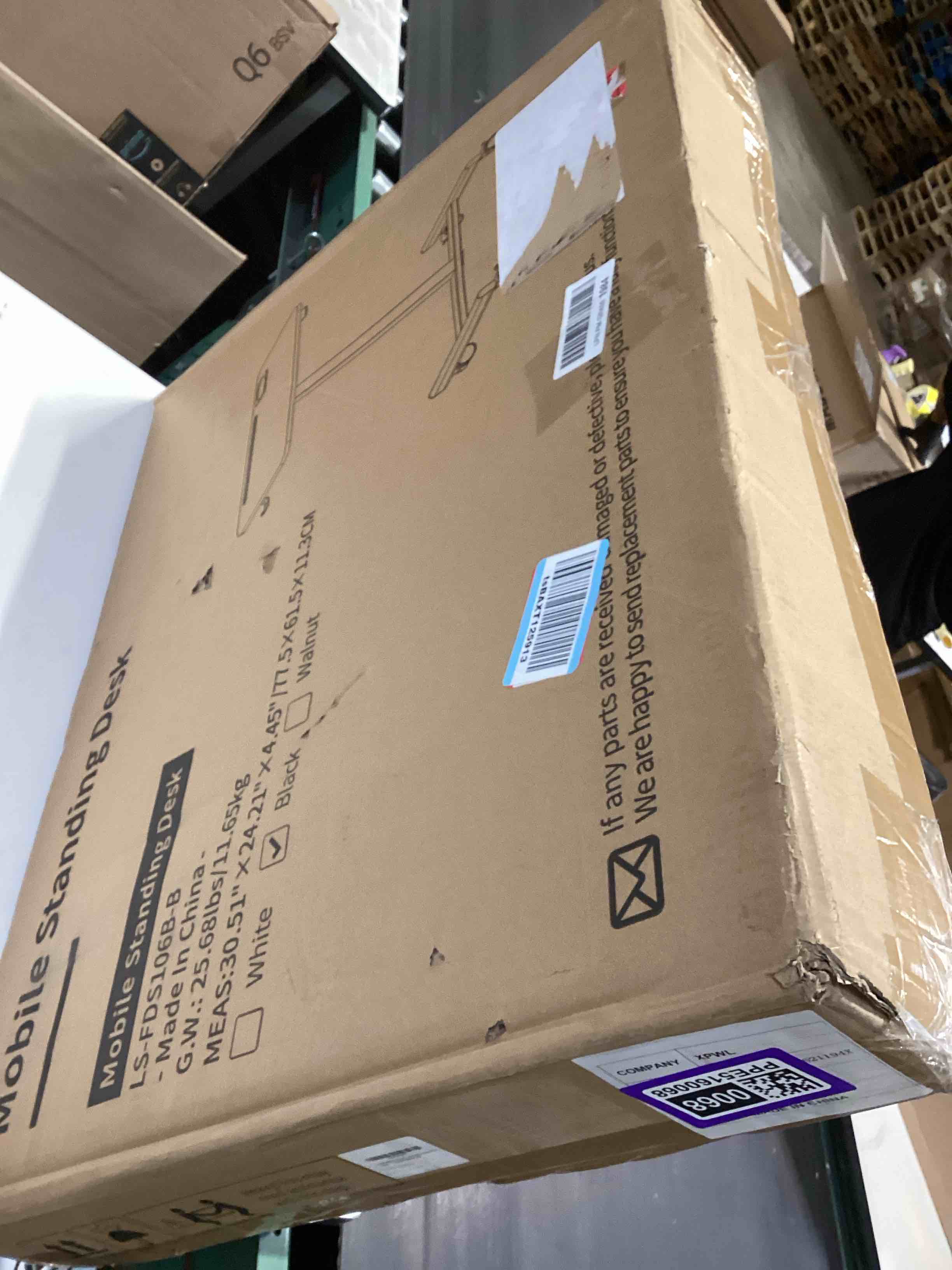 Condition photo showing Good Condition for mobile standing desk, rolling laptop cart adjustable height with cup holder, 28 inch portable table with 4 lockable wheels, black computer workstation with hook and slots for home office