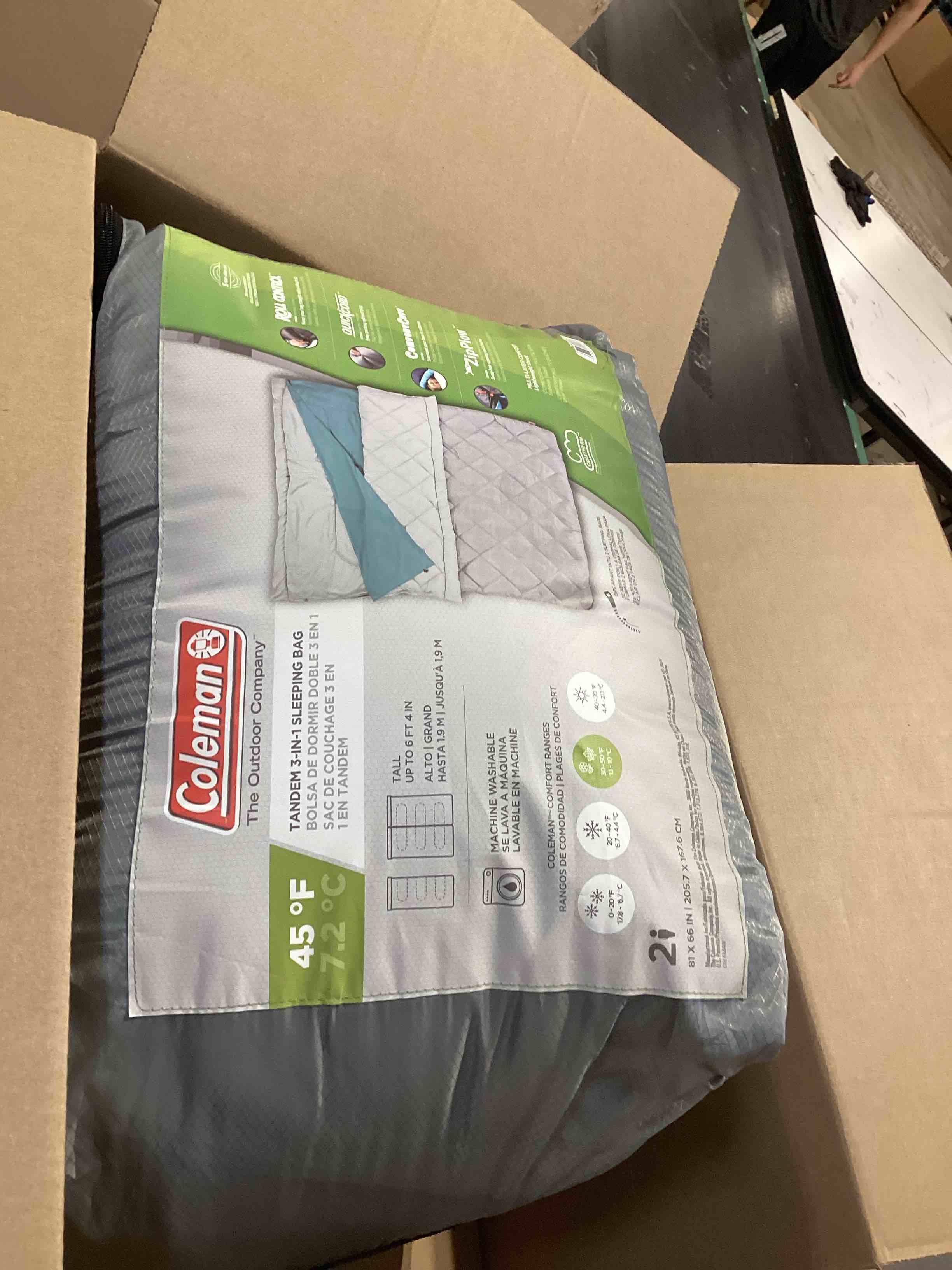 Condition photo showing Good Condition for coleman 45°f double sleeping bag, queen size xl tandem sleep sack with big & tall design, zips apart into 2 sleeping bags, machine washable