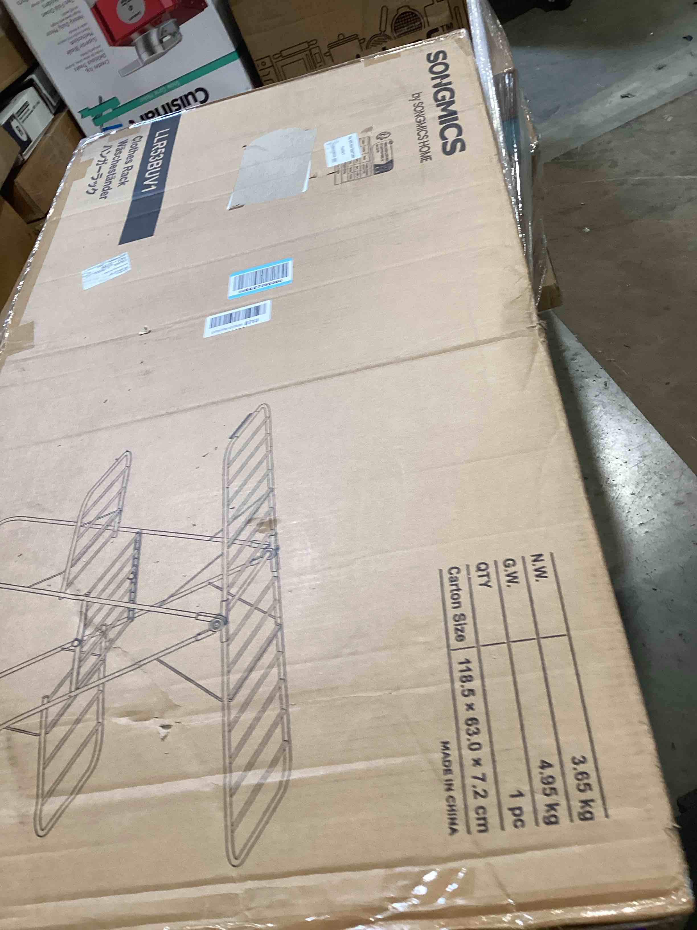 Condition photo showing Good Condition for songmics clothes drying rack, foldable 2-level laundry drying rack, free-standing laundry airer, with height-adjustable wings, 33 drying rails, sock clips, silver and blue ullr53buv1 silver + blue 2 tiers?22"d x 61.8"w x 64.3''h )