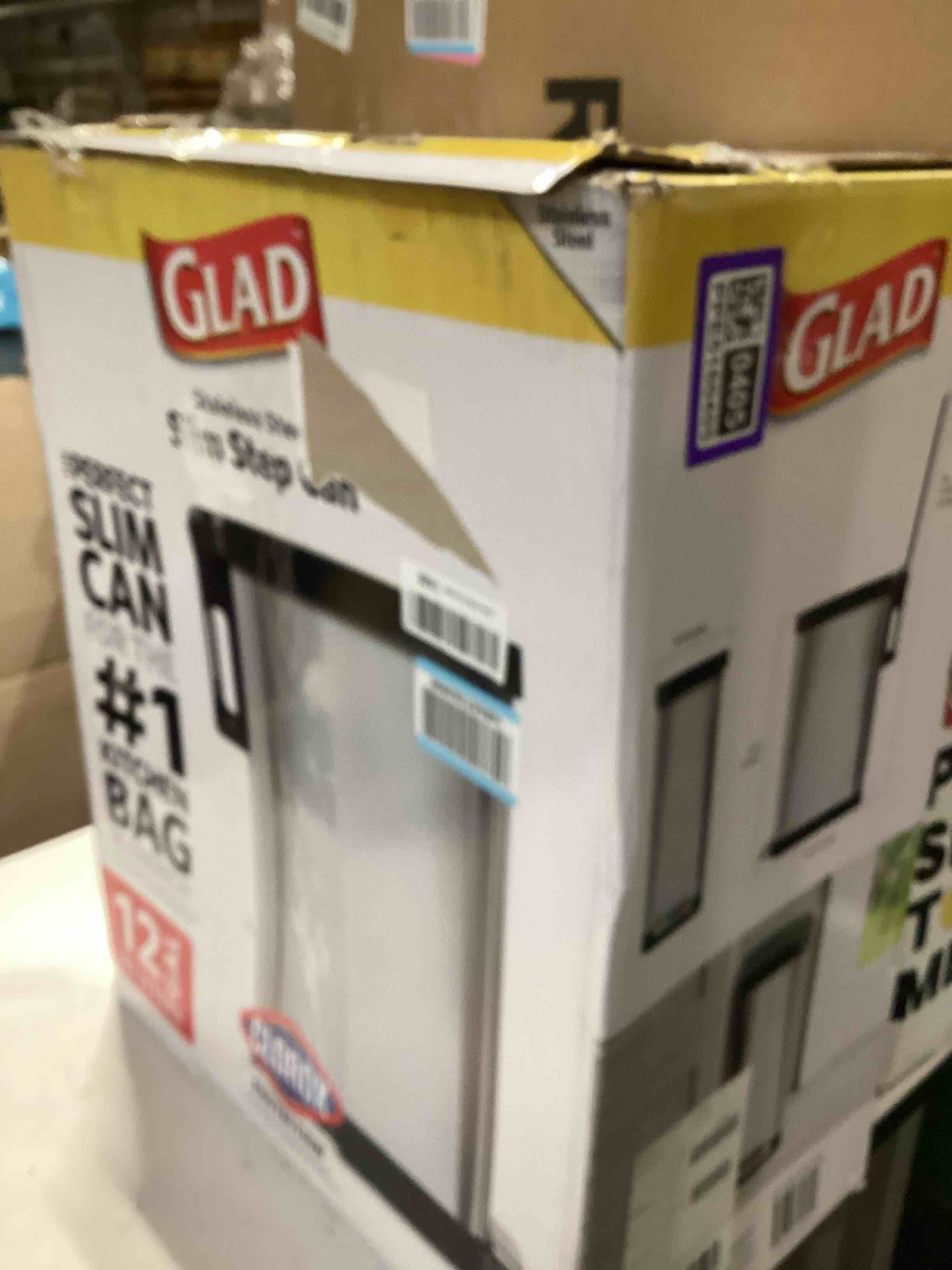 Condition photo showing As Is for glad slim trash can with clorox odor protection - narrow kitchen garbage bin with soft close lid, step on foot pedal and waste bag roll holder, stainless steel, 12 gallon/45 liter