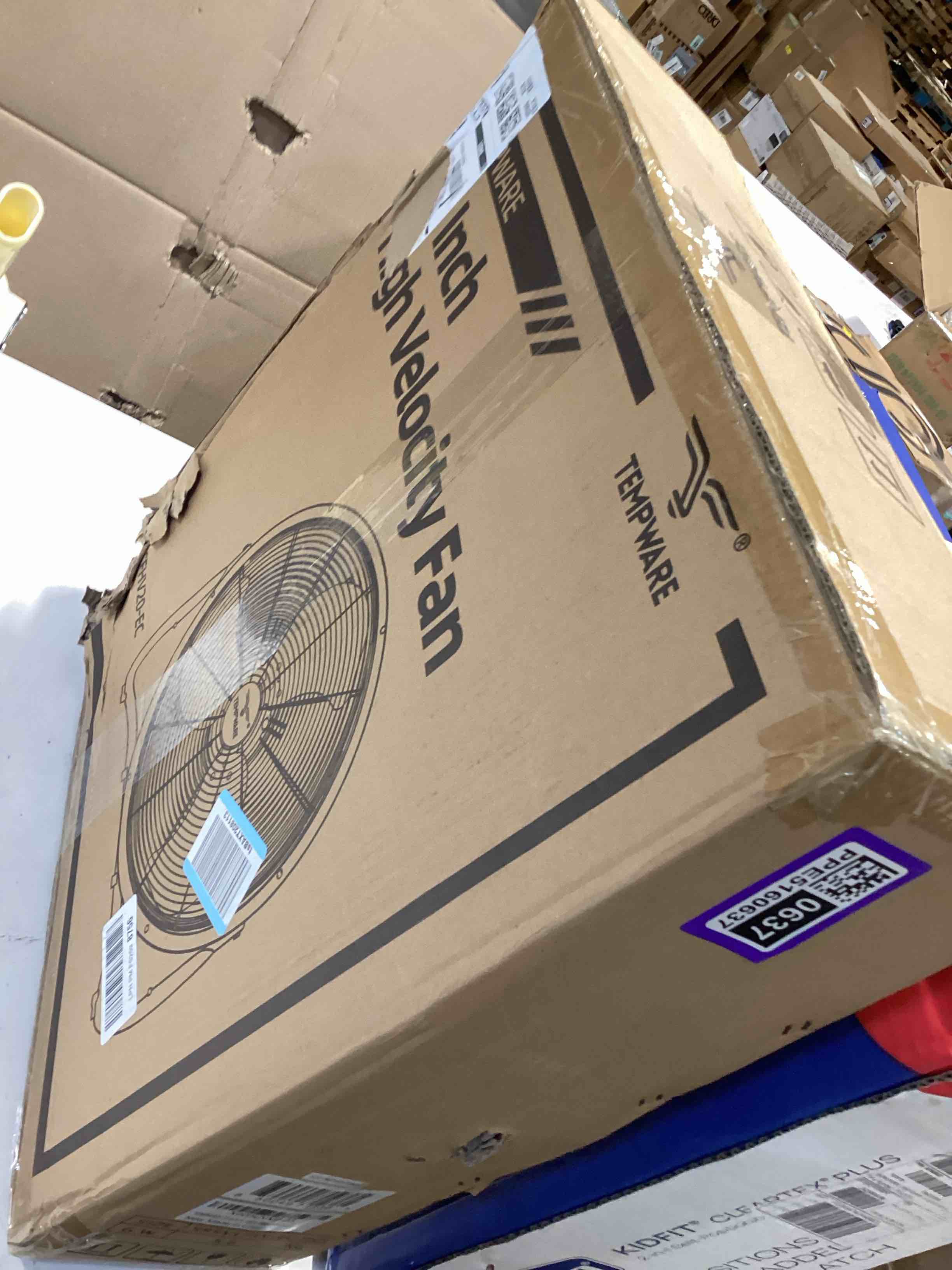 Condition photo showing As Is for tempware 20 inch high velocity industrial floor fan, 3-speed heavy duty metal cradle floor fans with 360° tilt for warehouse, workshop, garage, factory and basement, black & blue
