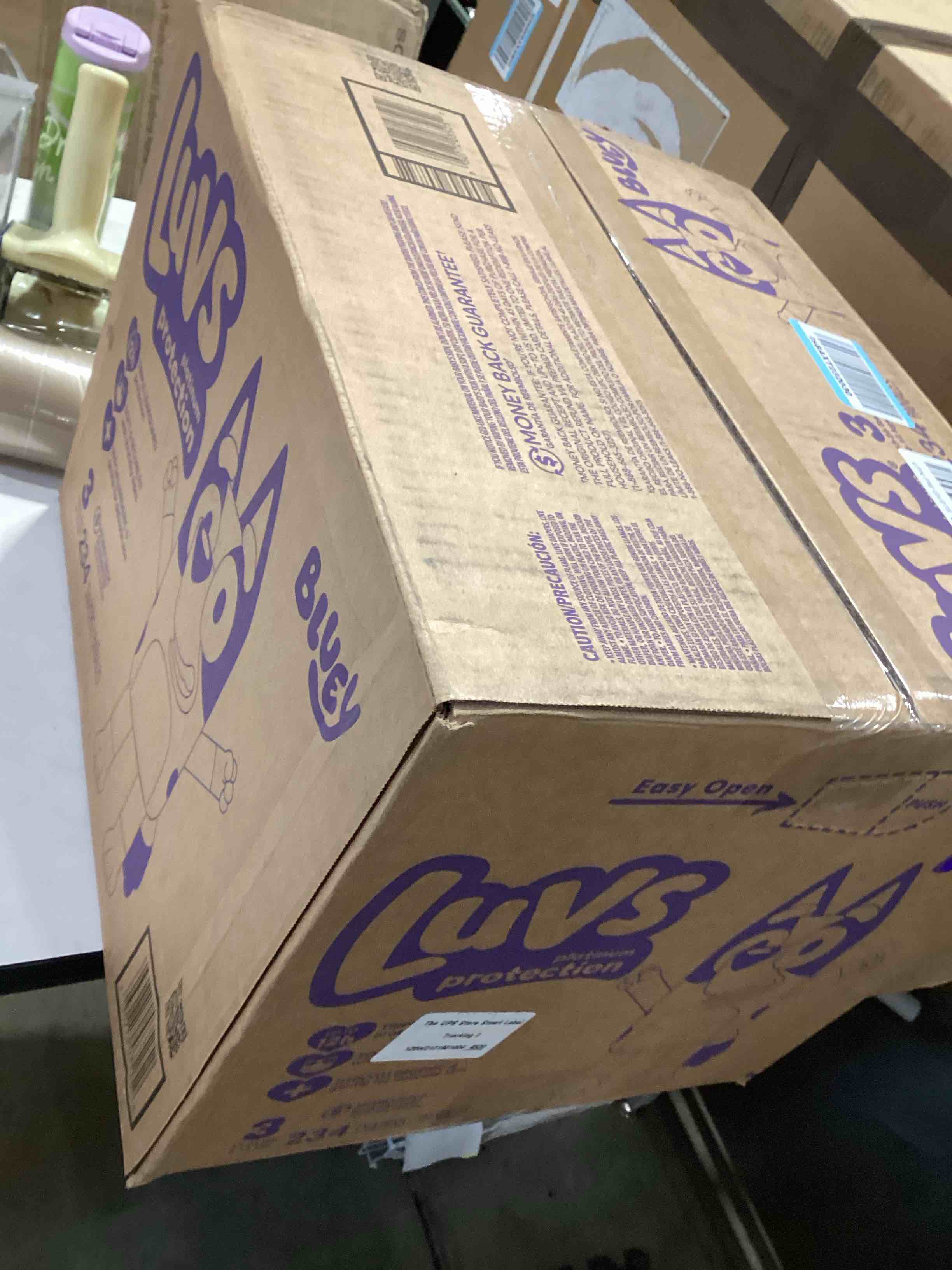 Condition photo showing New/Like New for luvs size 3 baby diapers, platinum protection bluey diapers for day & night, size 3, 234 count (packaging may vary) size 3 234