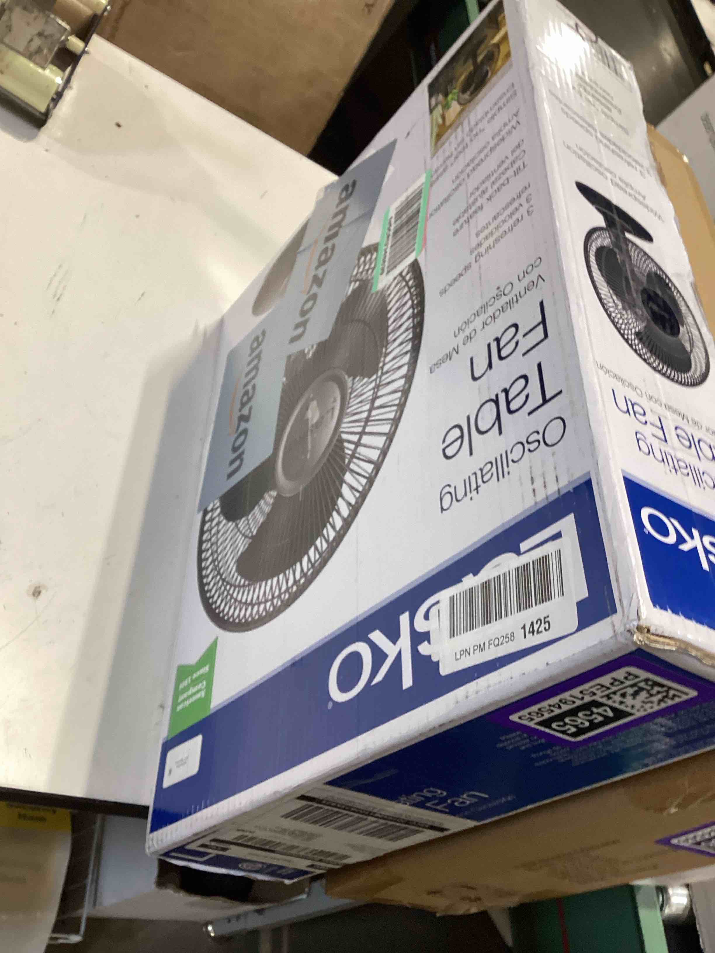 Condition photo showing Good Condition for not tested….lasko 12" oscillating table fan for home, offices, bedrooms, living rooms, 3-speeds, widespread oscillation, tilt-back fan head, portable, black, 2017