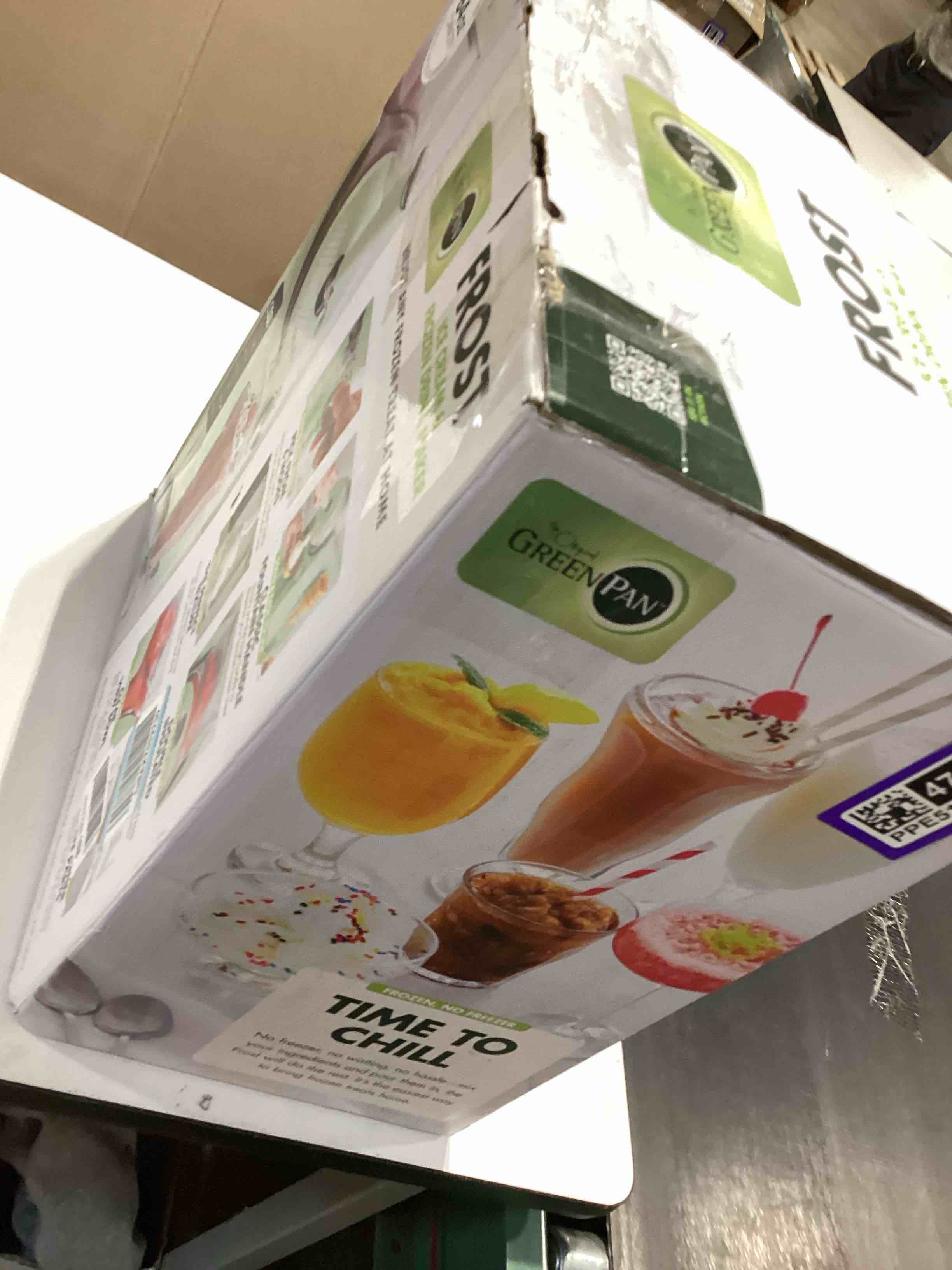 Condition photo showing As Is for greenpan frost ice cream maker & slushie machine, soft serve, sorbet, margaritas, milkshakes, frozen yogurt, no pre-freezing, ready in 15 mins, 6 modes, 7 textures, self-cleaning, family size, green 4 pint ice cream & frozen drink maker pistachio green