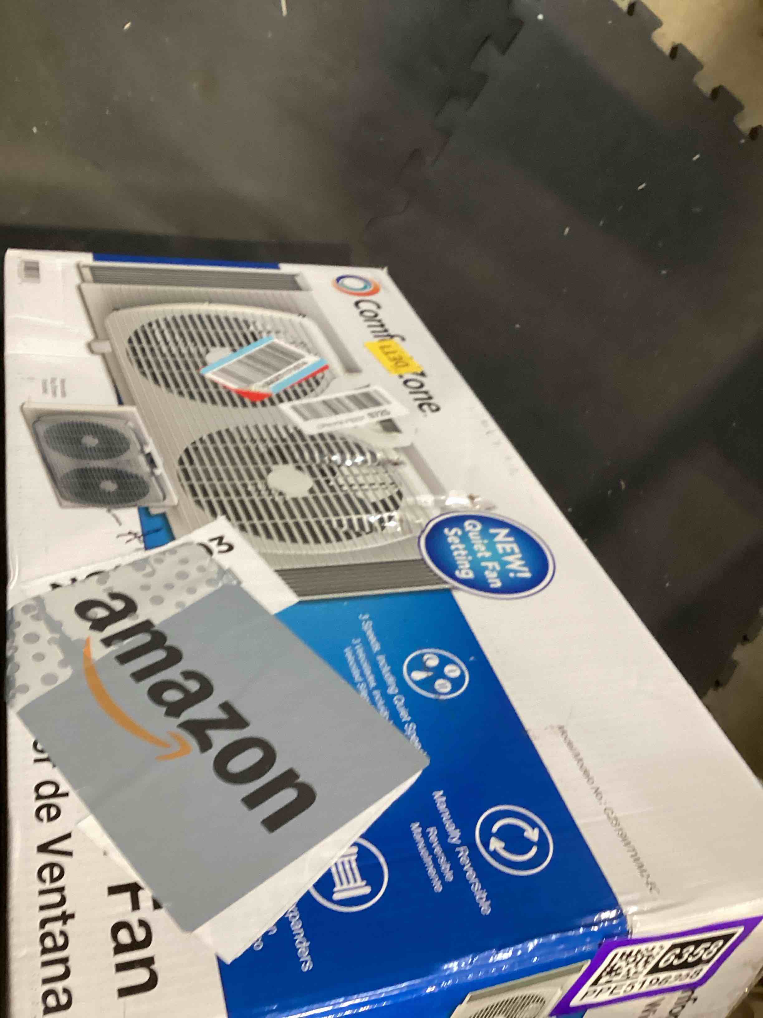 Condition photo showing Good Condition for not tested…comfort zone 9-inch 3-speed reversible twin window fan – dual blade window exhaust fan with auto-locking expanders, 22.25" to 33" wide – tabletop feet & removable bug screen included white 3-speed