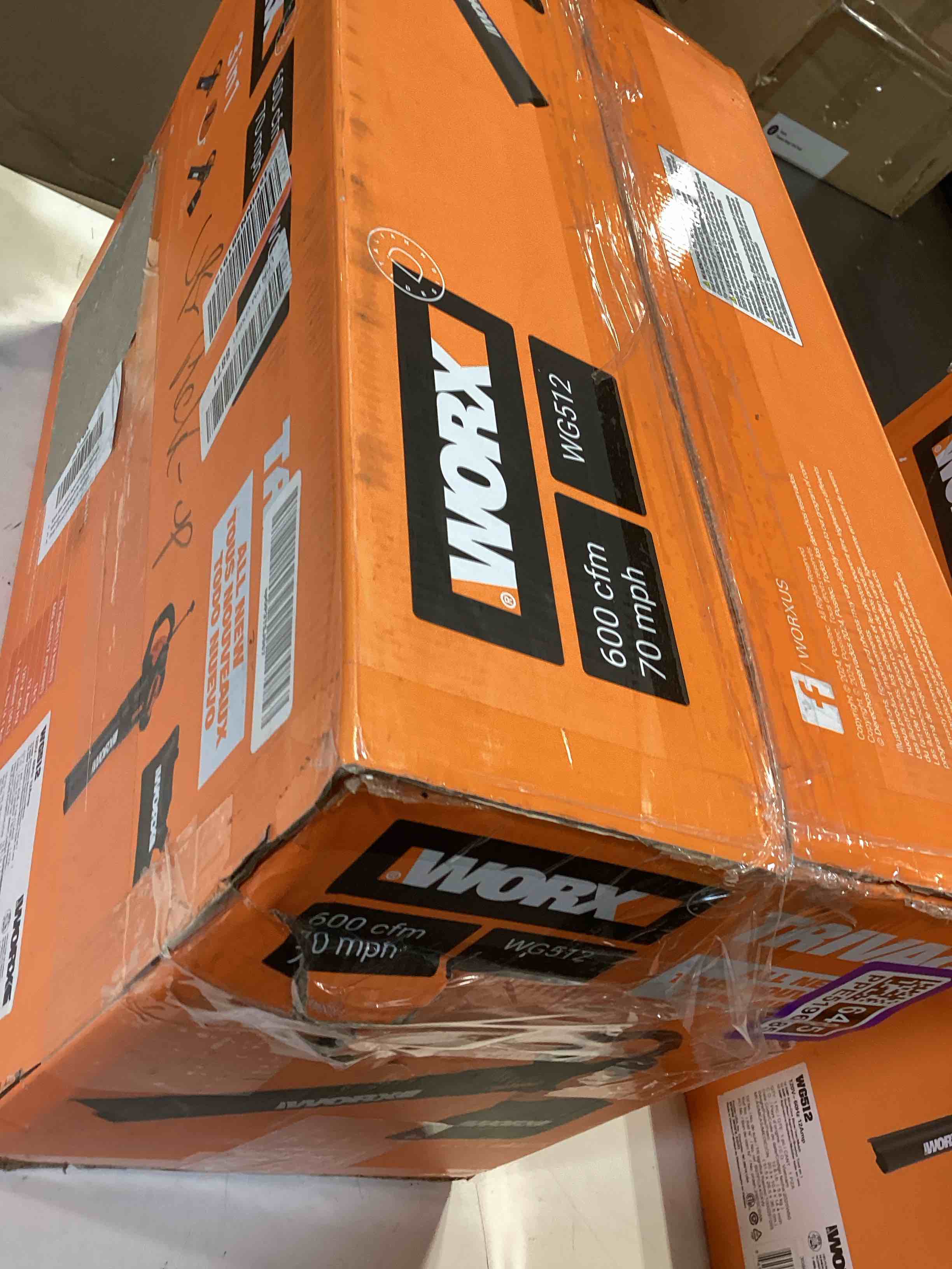 Condition photo showing As Is for worx trivac 3 in 1 electric leaf blower for lawn care, leaf vacuum with 600 cfm, leaf mulcher with metal impeller, wg512 600cfm blower/vac/mulcher
