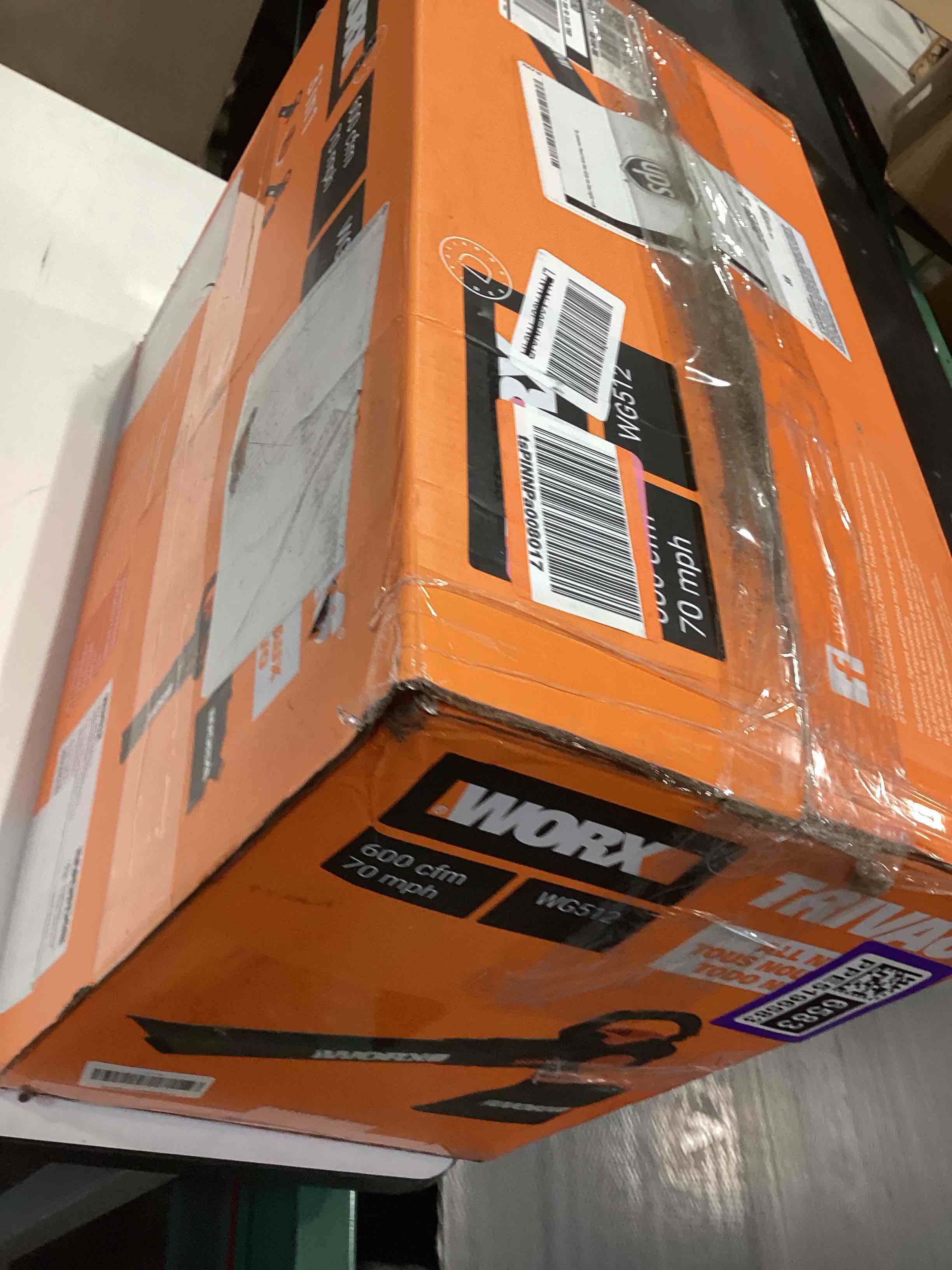 Condition photo showing As Is for worx trivac 3 in 1 electric leaf blower for lawn care, leaf vacuum with 600 cfm, leaf mulcher with metal impeller, wg512 600cfm blower/vac/mulcher